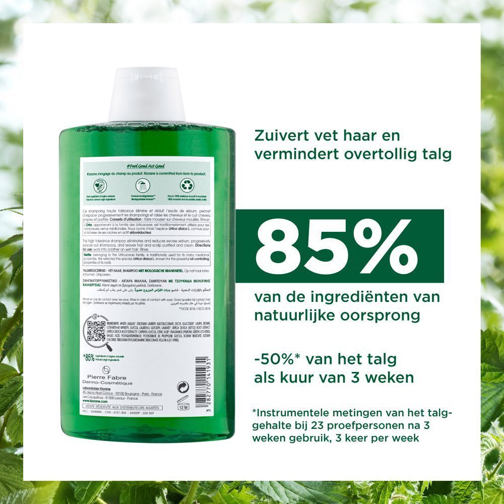Klorane shampoo fles. Tekst: 85% natuurlijke ingrediënten. Vermindert talg. Kleine lettertjes.