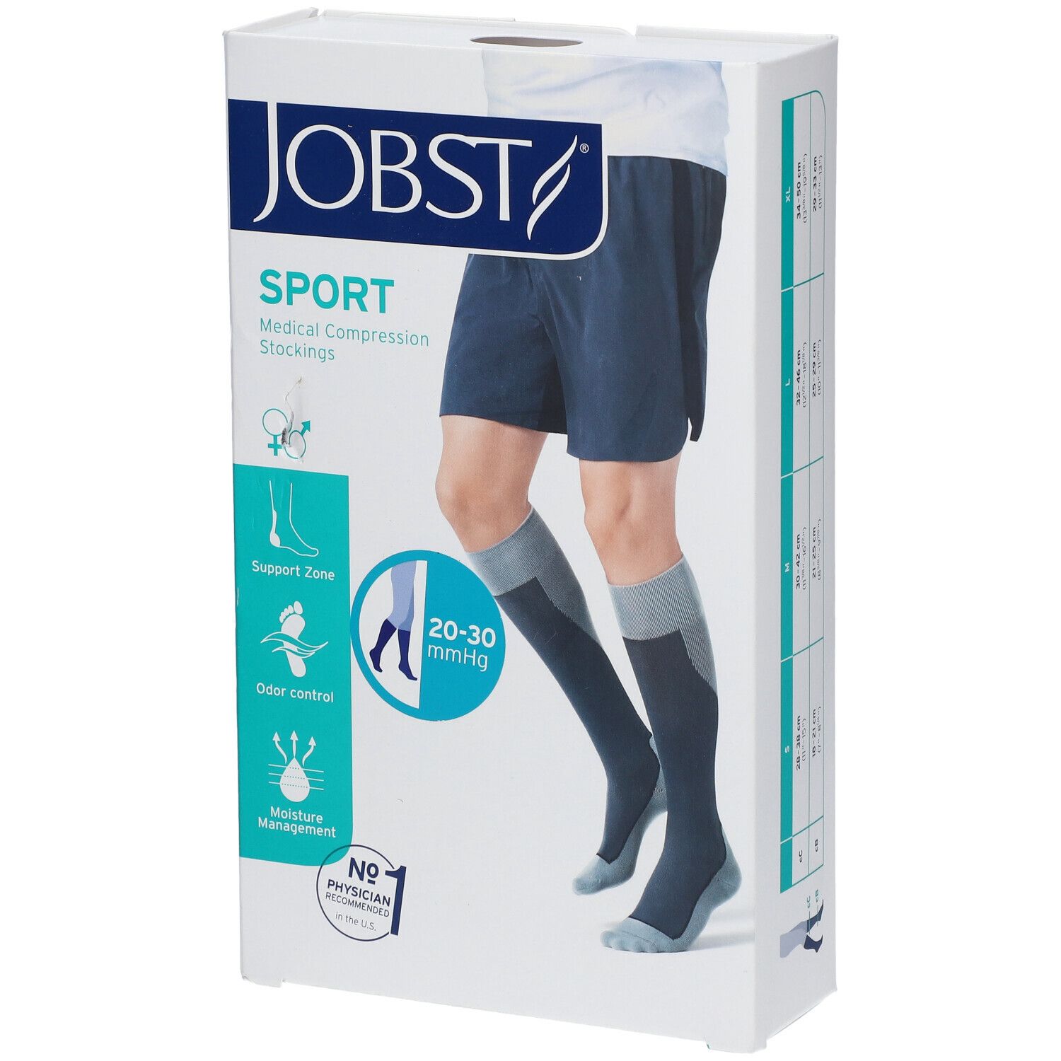 Boîte de bas de compression JOBST Sport. Bas médicaux. Caractéristiques : Support, contrôle des odeurs, gestion de l'humidité. 20-30 mmHg.