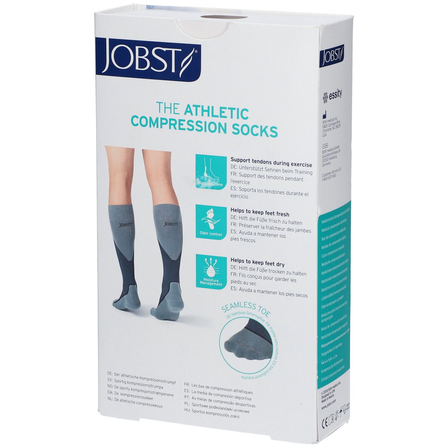 Dos de la boîte de bas de compression JOBST. Description des caractéristiques. Orteils sans couture.