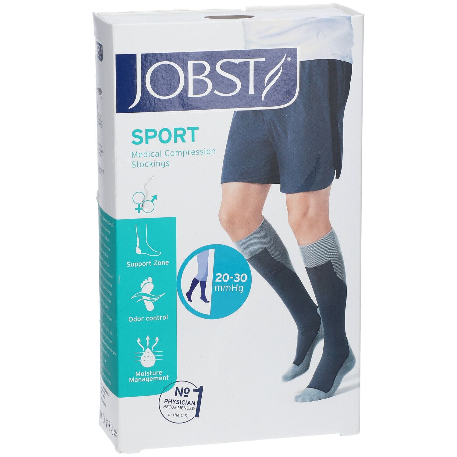 Boîte de bas de compression JOBST Sport. Bas médicaux. 20-30 mmHg. Caractéristiques : Support, contrôle des odeurs, gestion de l'humidité.