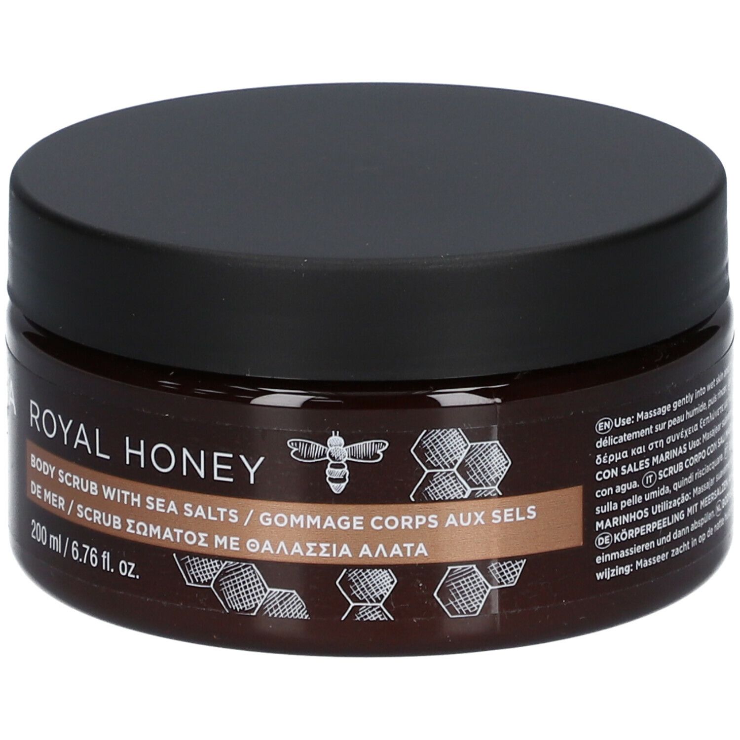 Bruine pot met zwart deksel. Opschrift: ROYAL HONEY, body scrub met zeezout. Honingraat ontwerp.