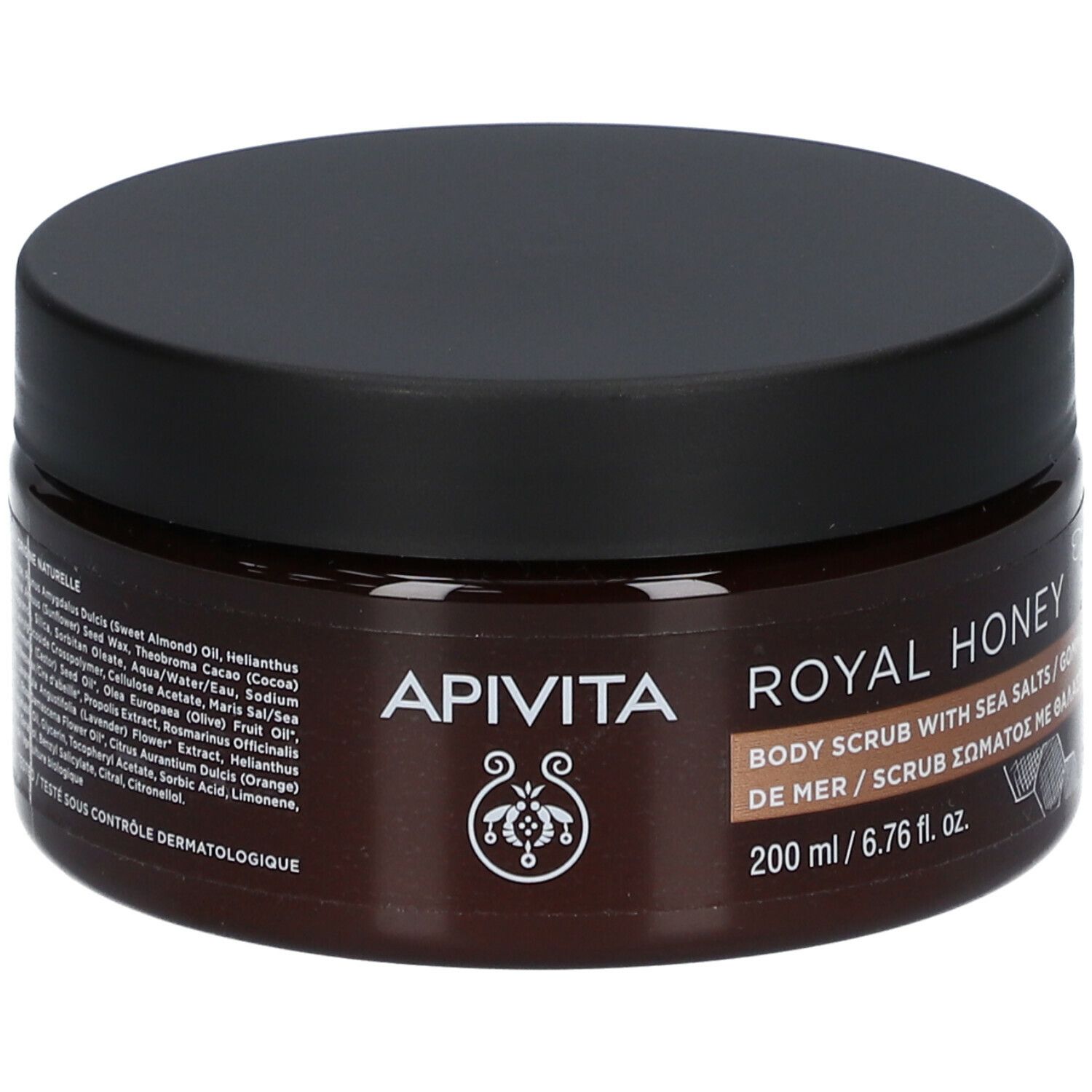 Bruine pot met zwart deksel. Opschrift: APIVITA ROYAL HONEY, body scrub met zeezout. 200 ml.