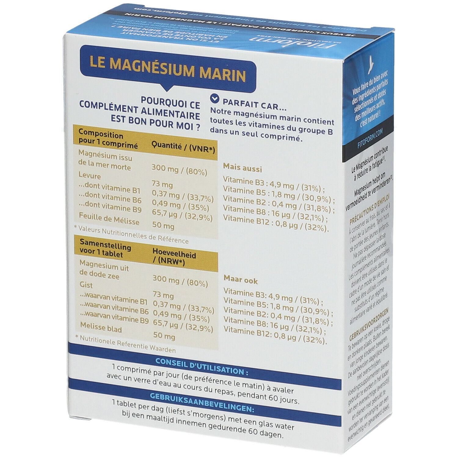 Fitoform-verpakking. "Le Magnésium Marin" met voedingsinformatie. 60 tabletten. Achterkant.