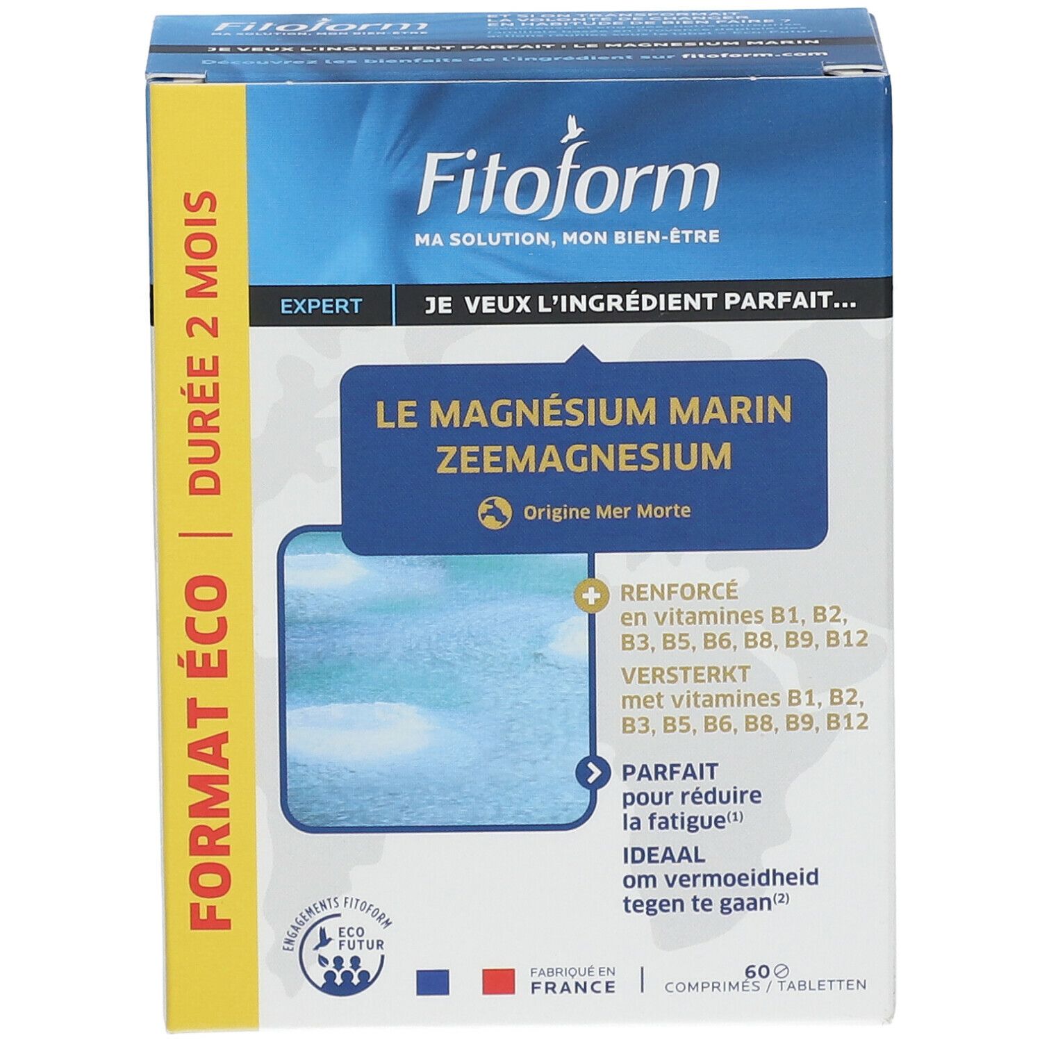Fitoform-verpakking. "Le Magnésium Marin" met logo en tekst. 60 tabletten. Eco-formaat. Gemaakt in Frankrijk.