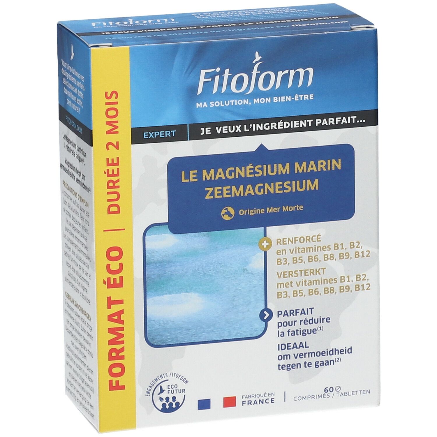 Fitoform-verpakking. "Le Magnésium Marin" met logo en tekst. 60 tabletten. Eco-formaat. Gemaakt in Frankrijk.
