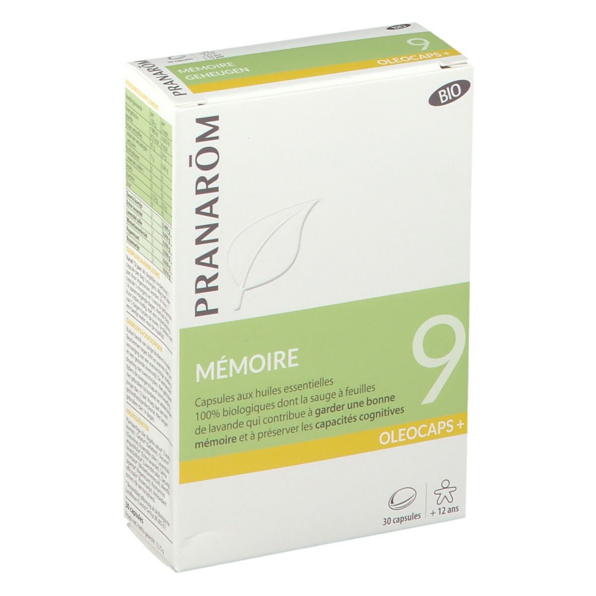 Kartonnen doos met productnaam en logo. Opschrift: Mémoire, Oleocaps+. Bevat 30 capsules. Bio-certificering.