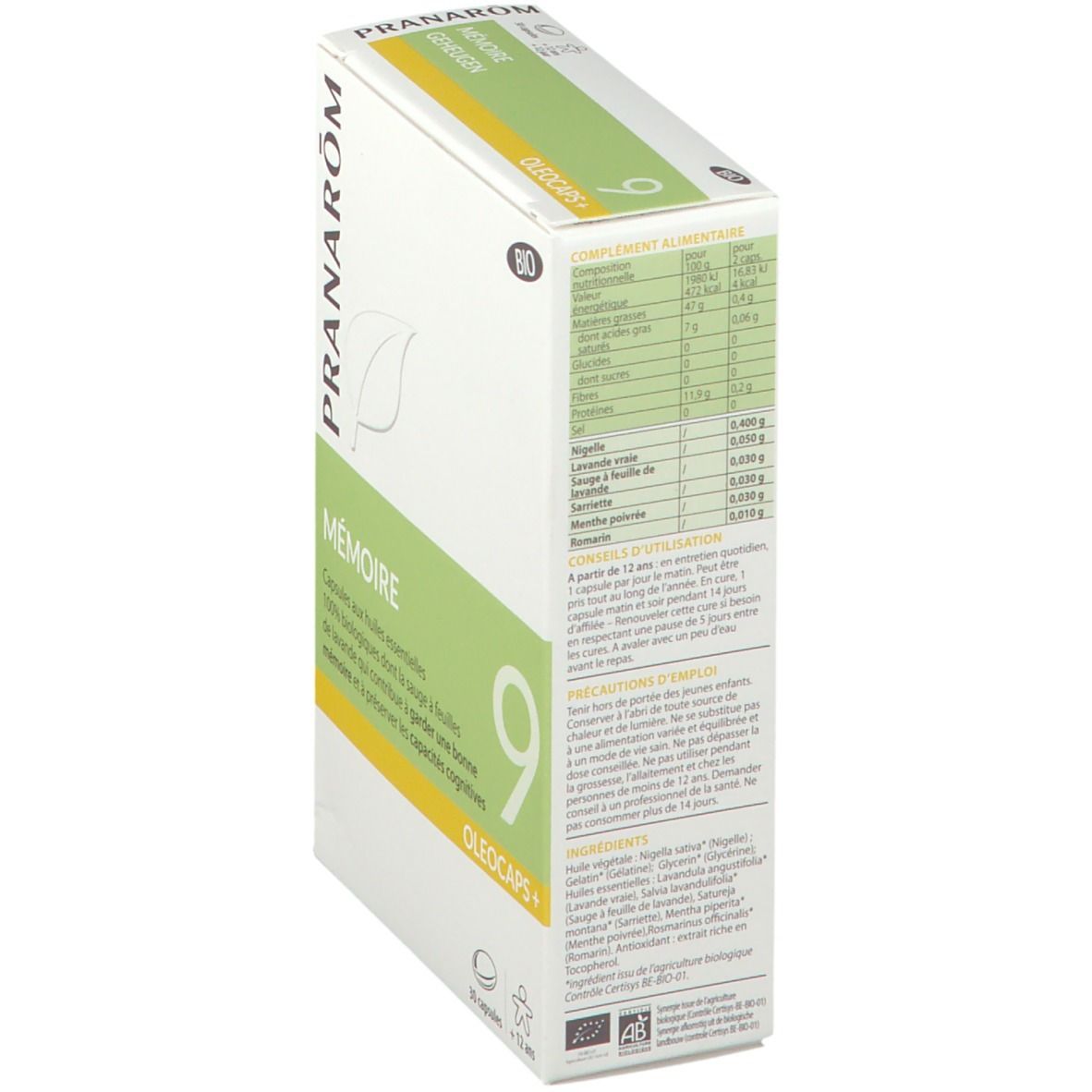 Zijaanzicht van de kartonnen doos. Bevat productinformatie, een voedingstabel en ingrediënten. Bio-certificering.