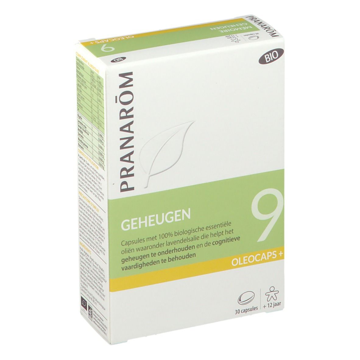 Kartonnen doos met productnaam en logo. Opschrift: Geheugen, Oleocaps+. Bevat 30 capsules. Bio-certificering.