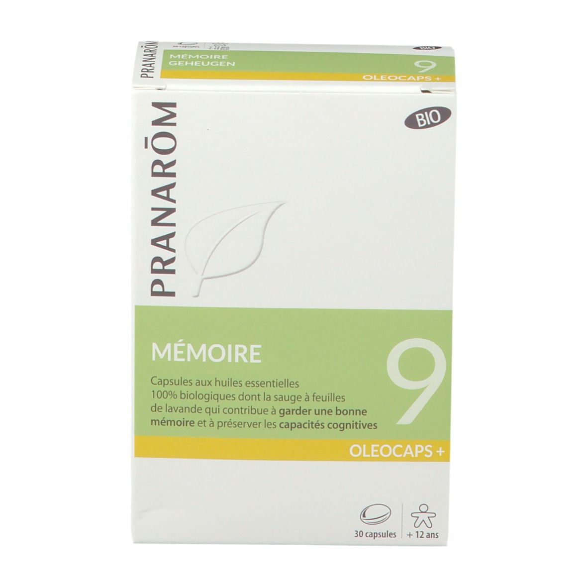 Kartonnen doos met productnaam en logo. Opschrift: Mémoire, Oleocaps+. Bevat 30 capsules. Bio-certificering.