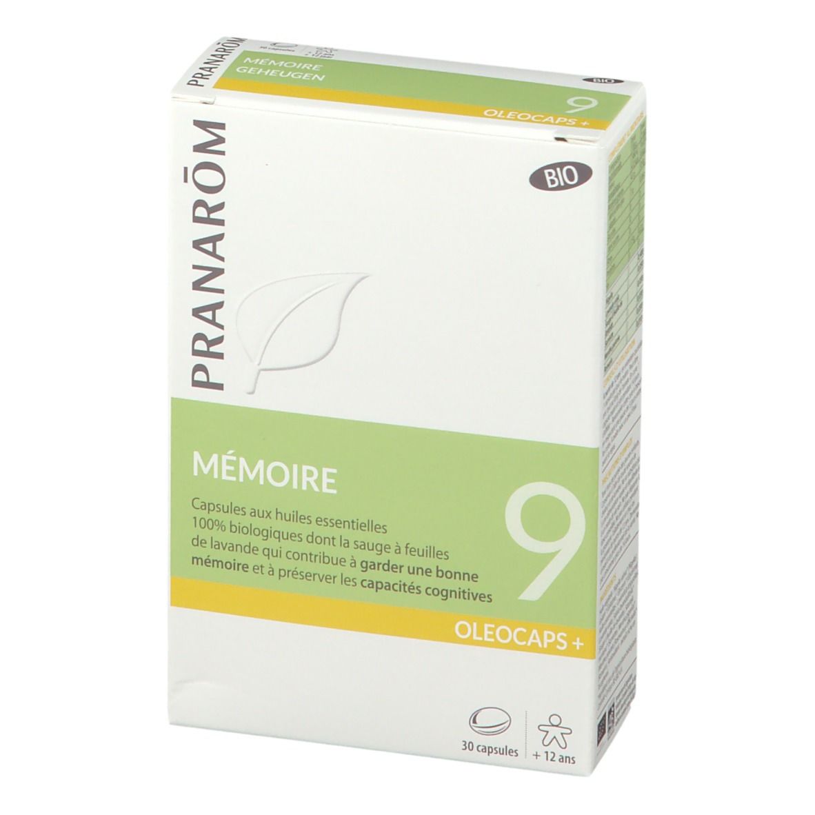 Kartonnen doos met productnaam en logo. Opschrift: Mémoire, Oleocaps+. Bevat 30 capsules. Bio-certificering.