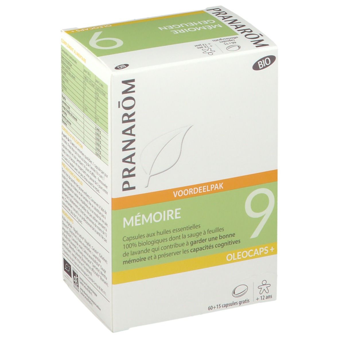 Verpakking van PRANAROM 9 - Geheugen. Witte doos met groene en oranje accenten. Opschriften 'Mémoire' en 'Oléocaps+'.