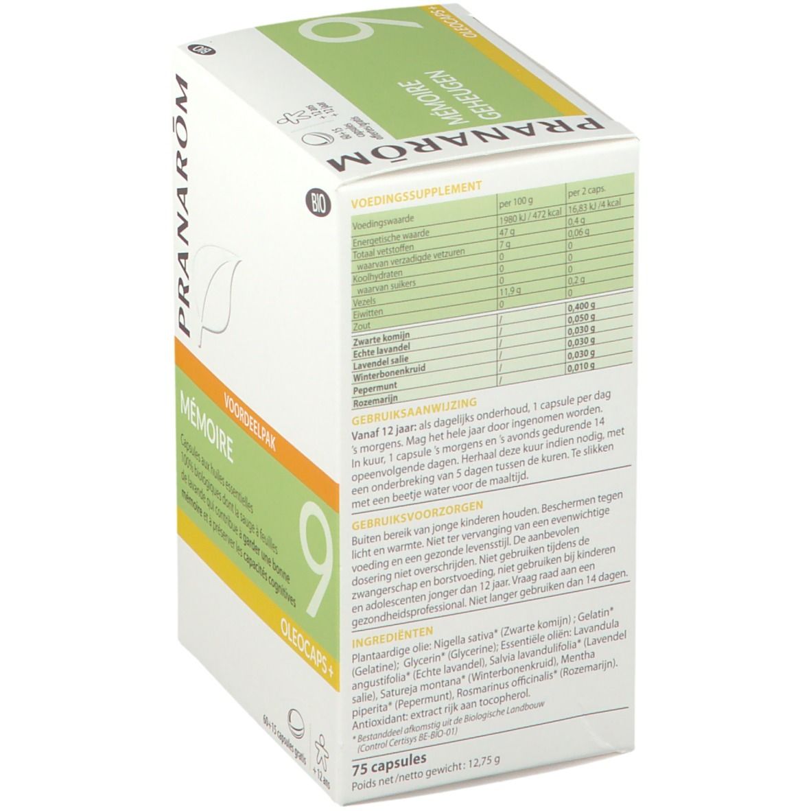 Verpakking van PRANAROM 9 - Geheugen. Achterkant met voedingswaarde-informatie en gebruiksaanwijzing. Bevat 75 capsules.