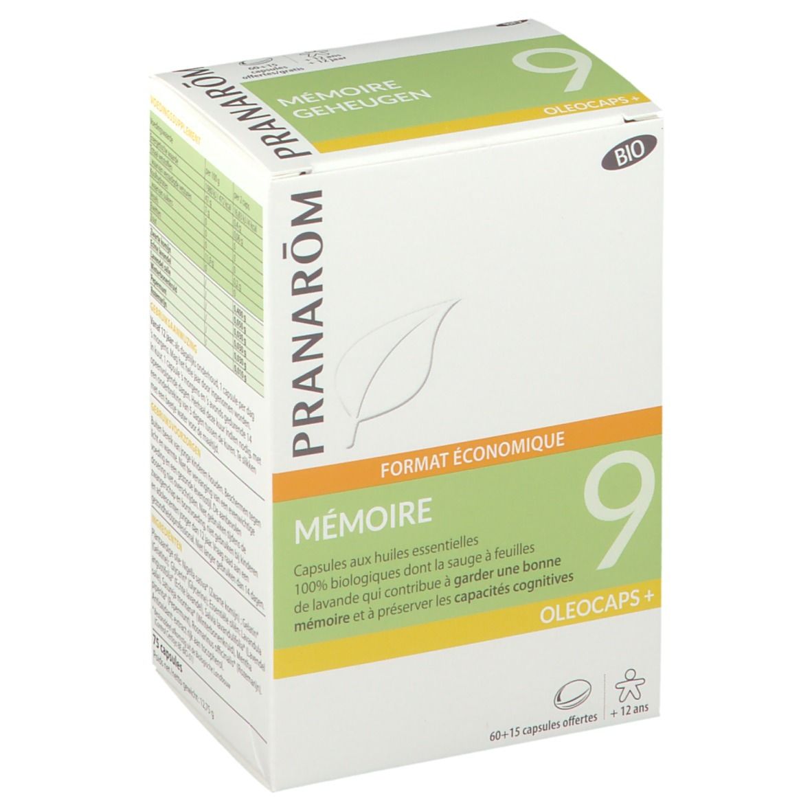 Verpakking van PRANAROM 9 - Geheugen. Witte doos met groene en oranje accenten. Opschriften 'Mémoire' en 'Oléocaps+'.