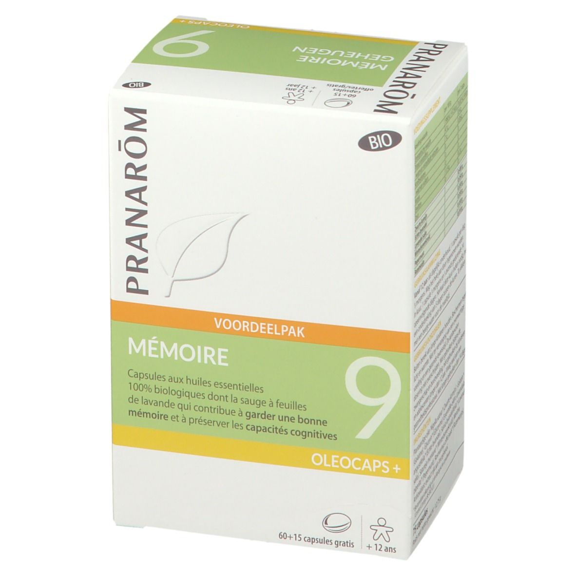 Verpakking van PRANAROM 9 - Geheugen. Witte doos met groene en oranje accenten. Opschriften 'Mémoire' en 'Oléocaps+'.
