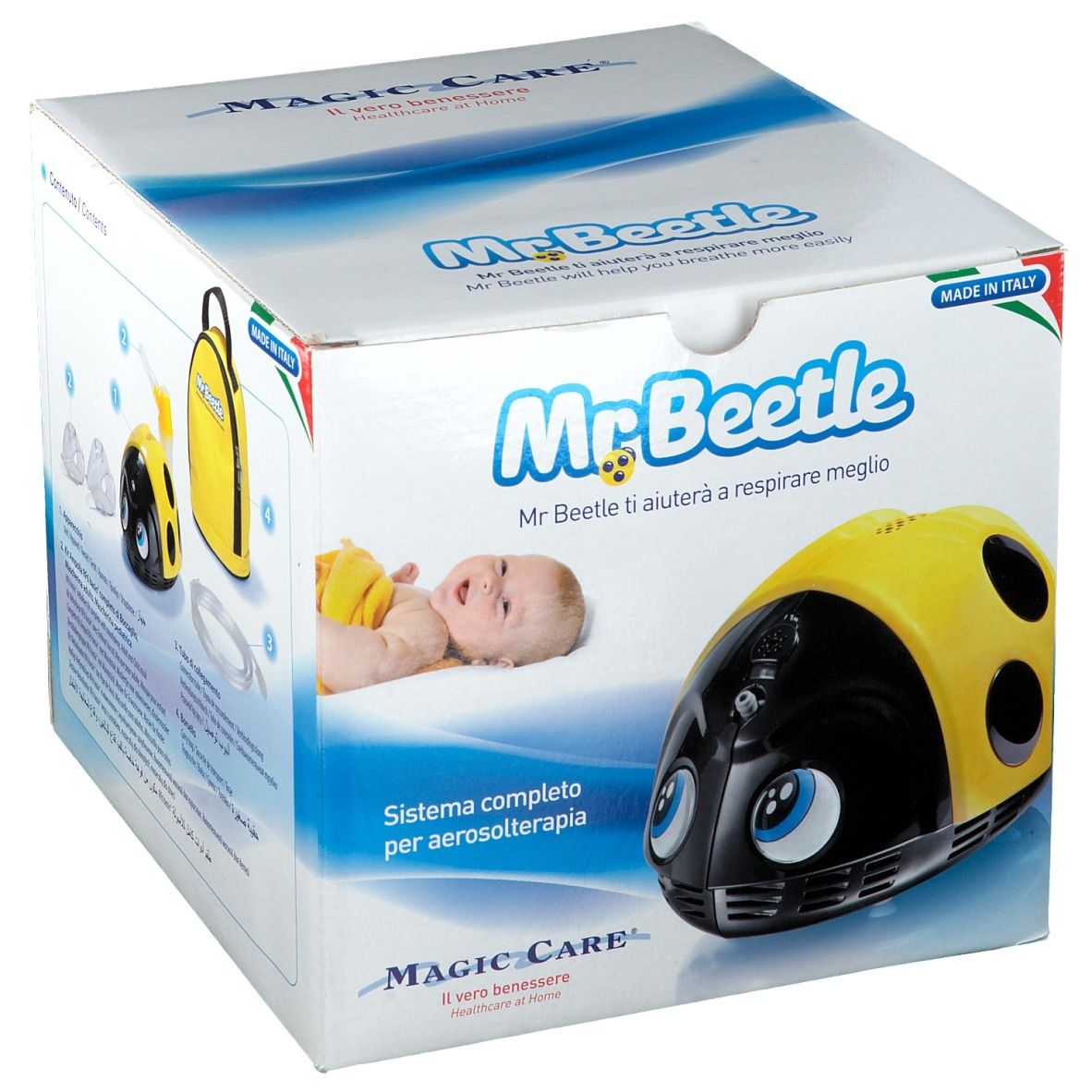 Verpakking van Mr. Beetle Aérosol. Geel-zwart inhalatieapparaat met ogen. Opschriften: Mr. Beetle, Magic Care.