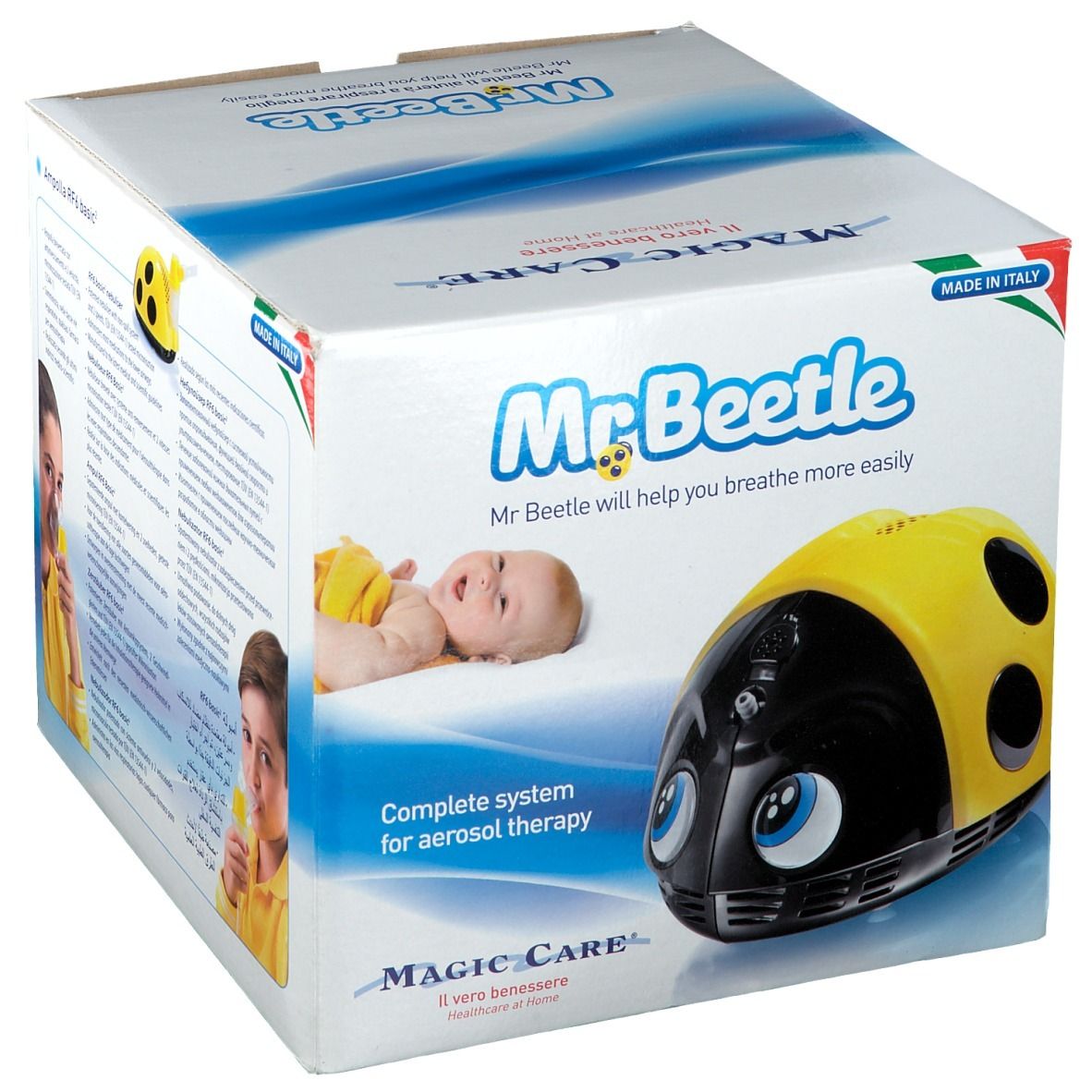 Verpakking van Mr. Beetle Aérosol. Geel-zwart inhalatieapparaat met ogen. Opschriften: Mr. Beetle, Magic Care.