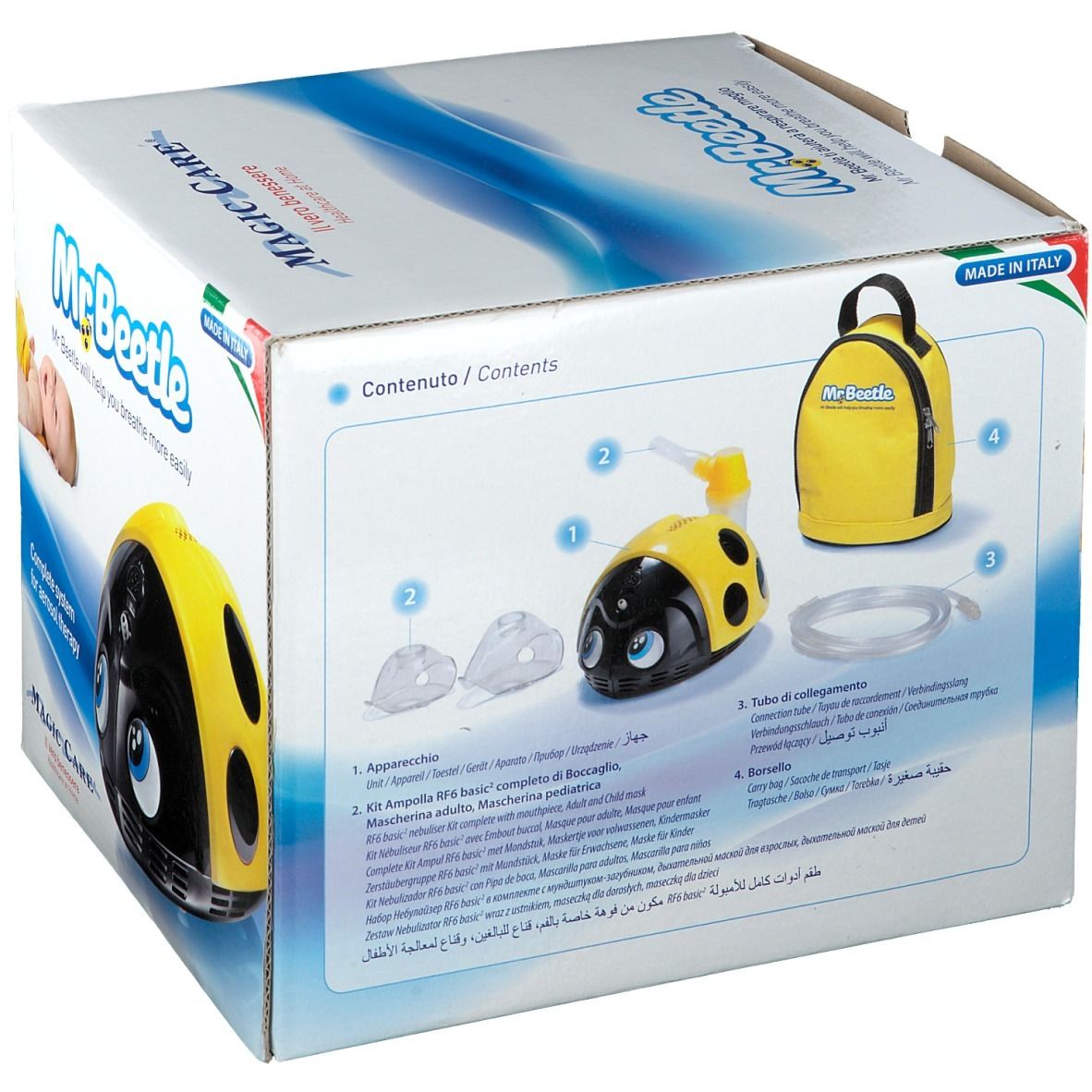 Achterkant van de verpakking van Mr. Beetle Aérosol. Illustraties van het apparaat en accessoires. Meertalige bijschriften.