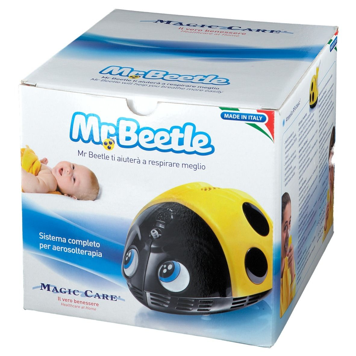 Verpakking van Mr. Beetle Aérosol. Geel-zwart inhalatieapparaat met ogen. Opschriften: Mr. Beetle, Magic Care.