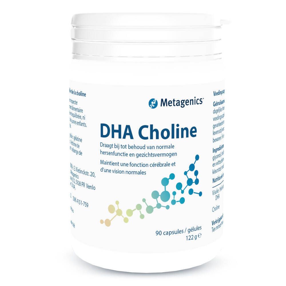 Boîte blanche avec inscription DHA Choline. Contient 90 gélules. Marque : Metagenics.
