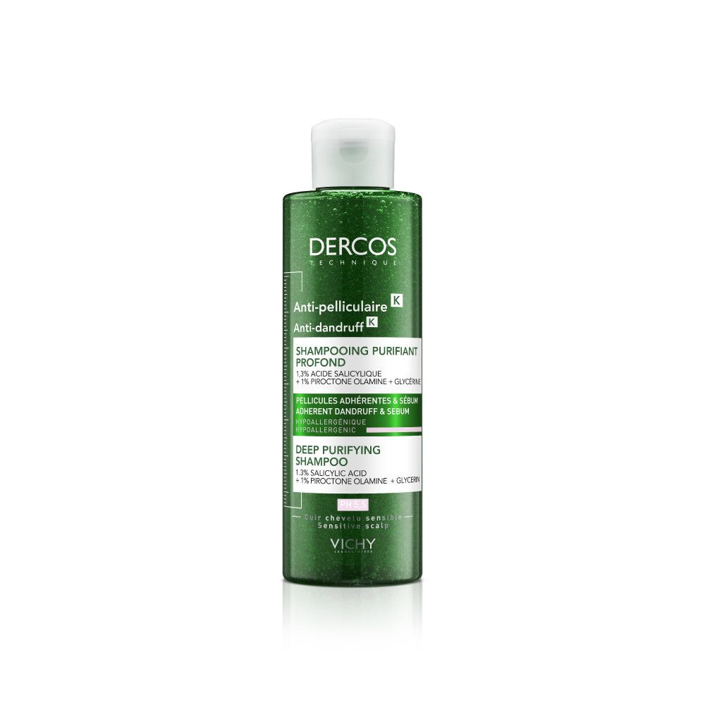 Vichy Dercos anti-roos shampoo fles. Vooraanzicht. Groen flesontwerp.