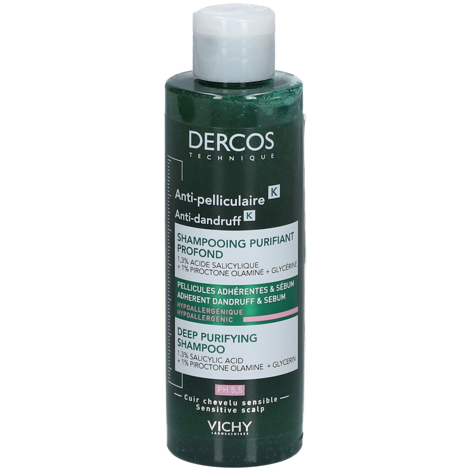 Vichy Dercos anti-roos shampoo fles. Vooraanzicht. Groen flesontwerp.