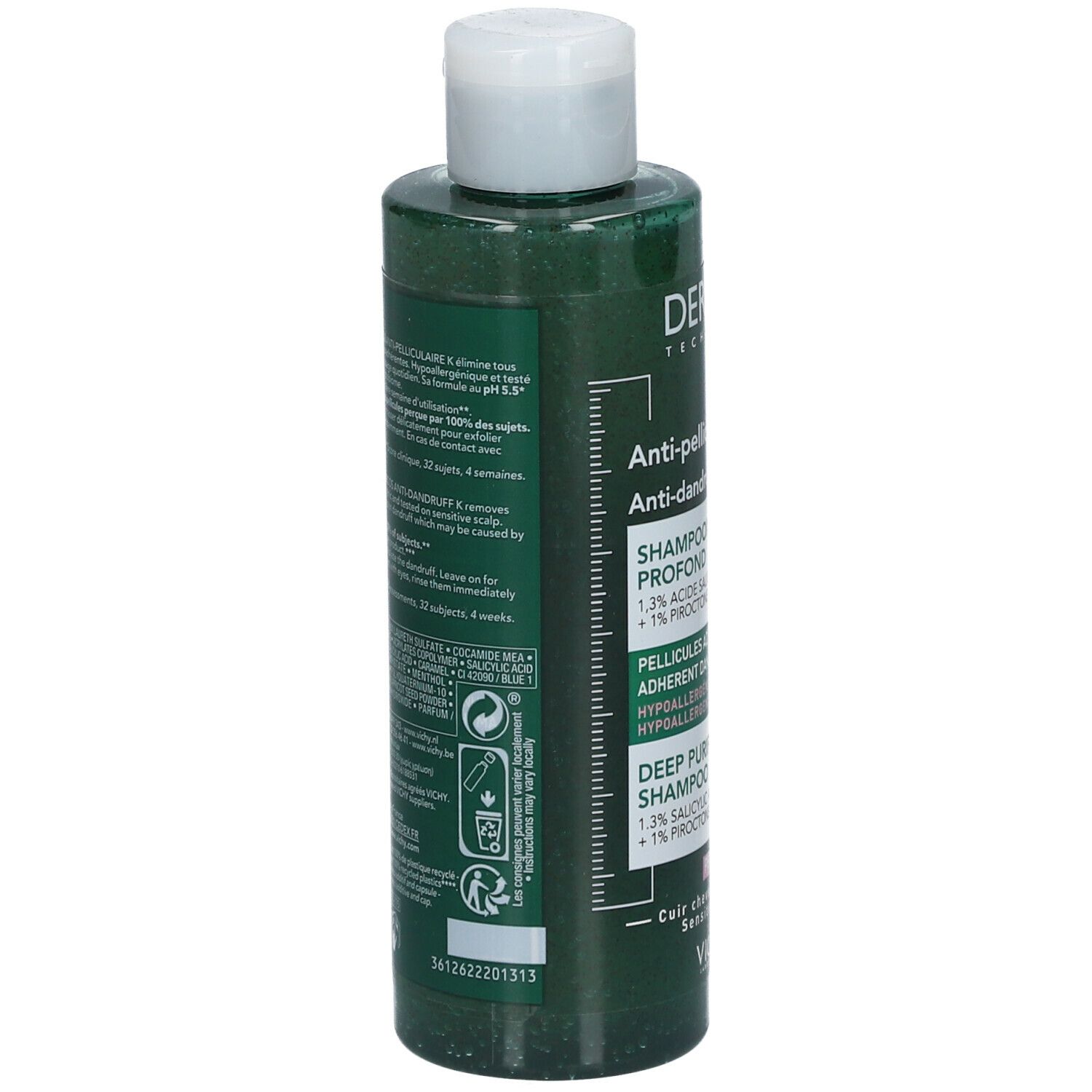 Achteraanzicht van de Vichy Dercos anti-roos shampoo fles. Tekst en etiket.