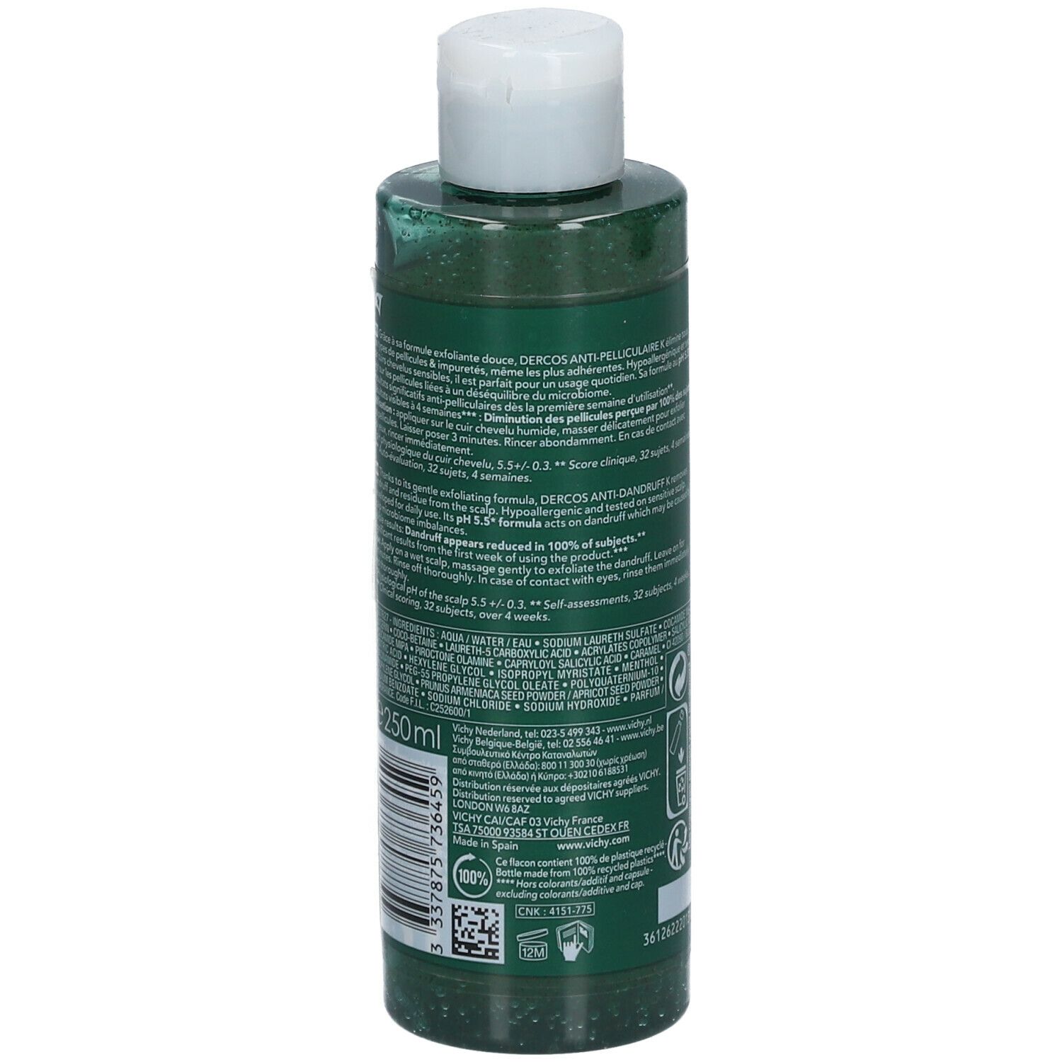 Achteraanzicht van de Vichy Dercos anti-roos shampoo fles. Tekst en etiket.