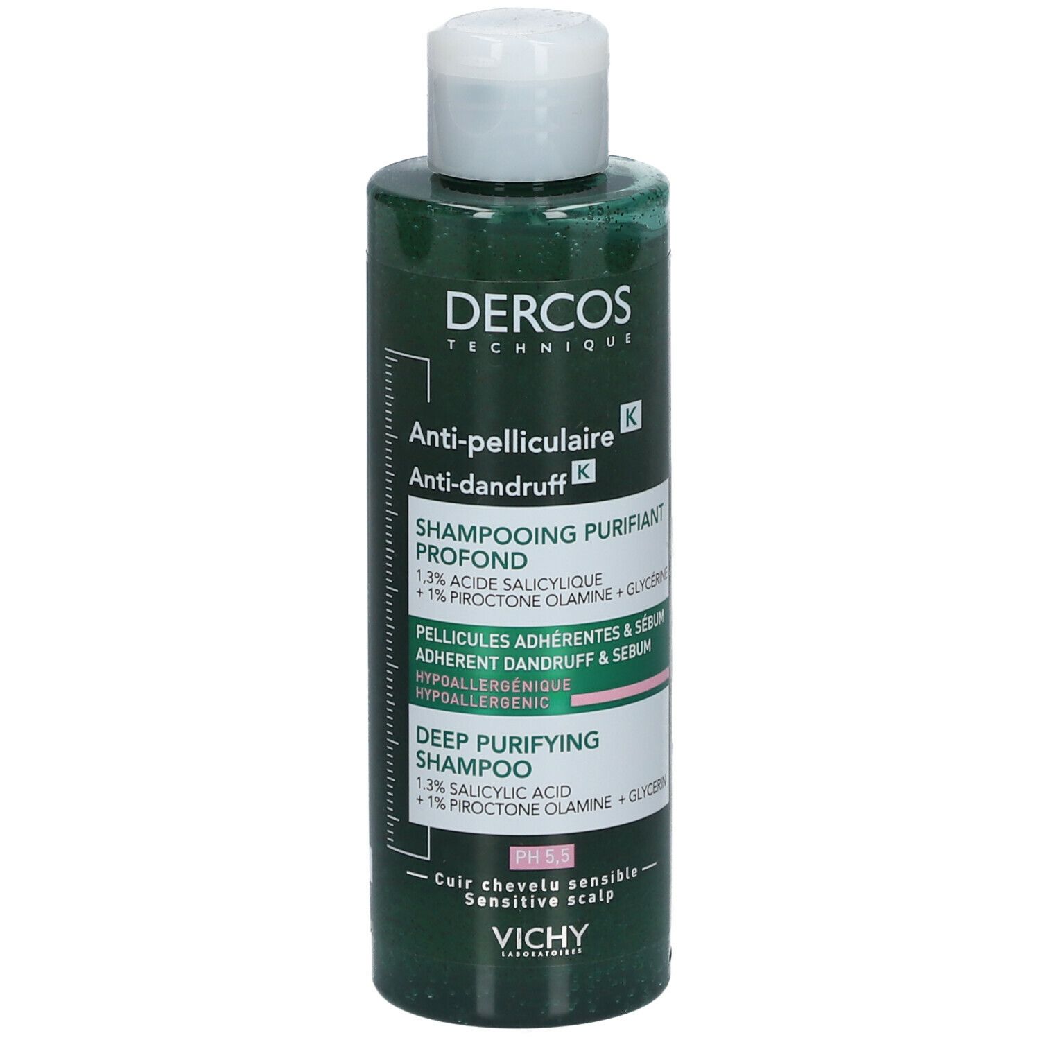 Vichy Dercos anti-roos shampoo fles. Vooraanzicht. Groen flesontwerp.
