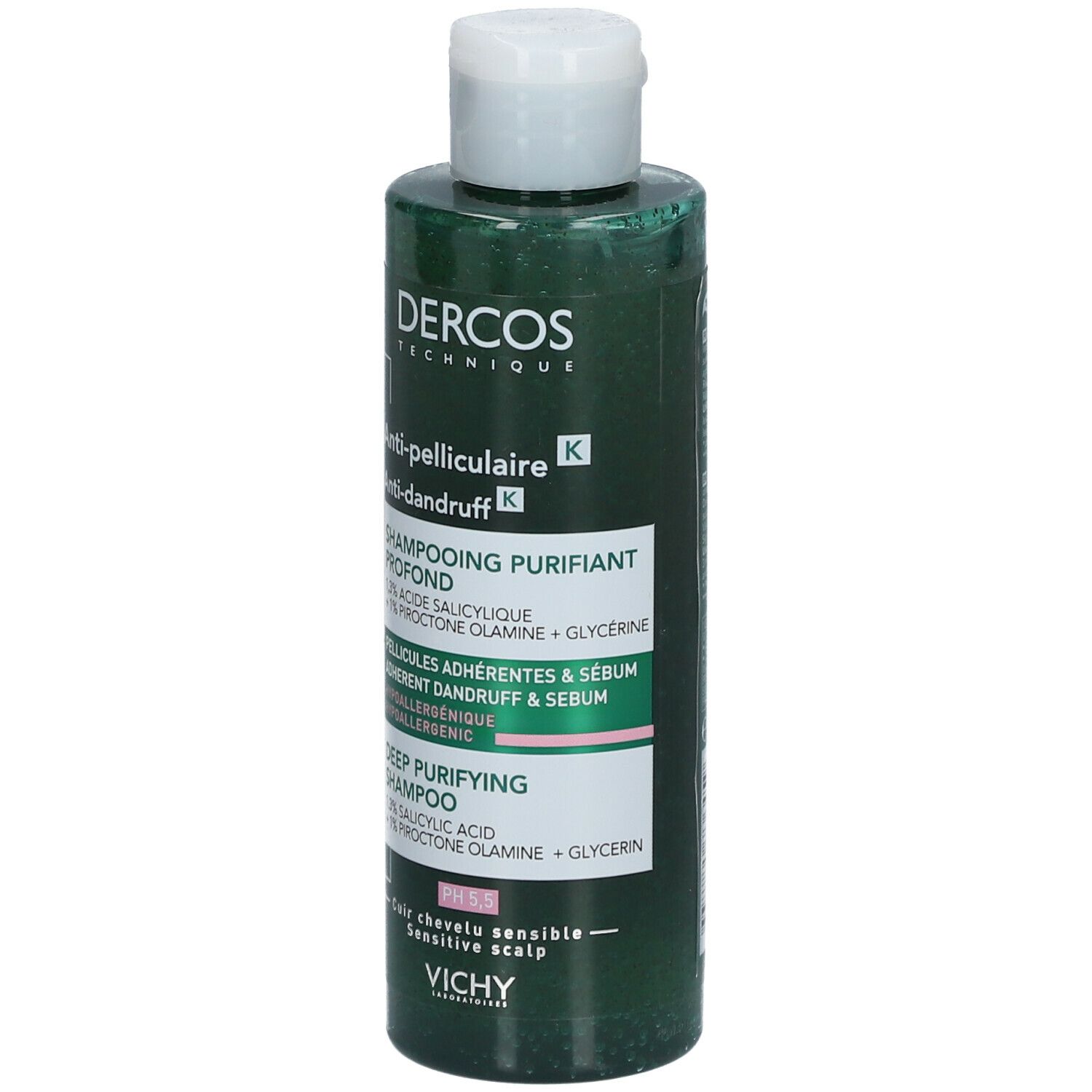 Vichy Dercos anti-roos shampoo fles. Vooraanzicht. Groen flesontwerp.