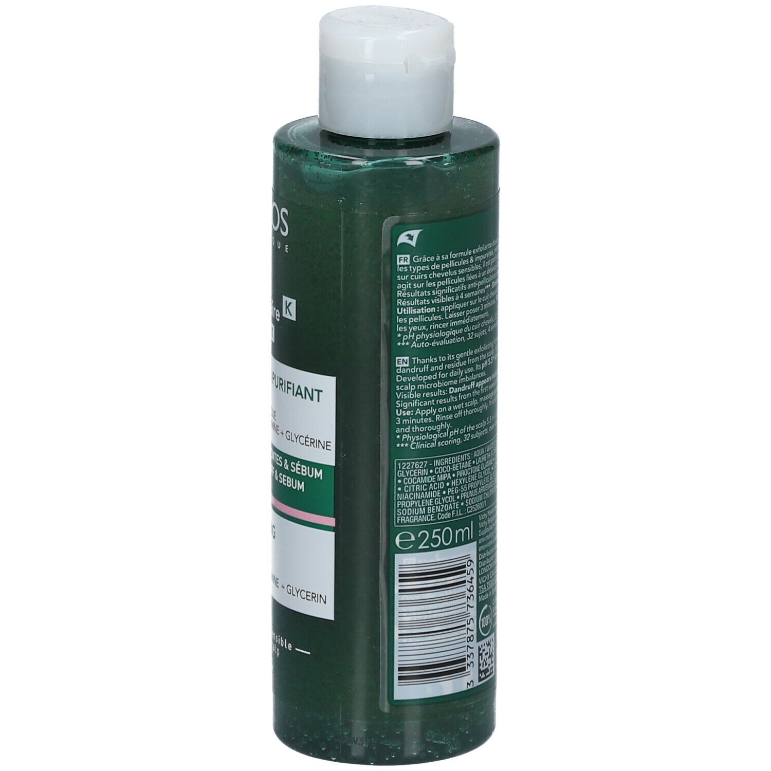 Achteraanzicht van de Vichy Dercos anti-roos shampoo fles. Tekst en etiket.