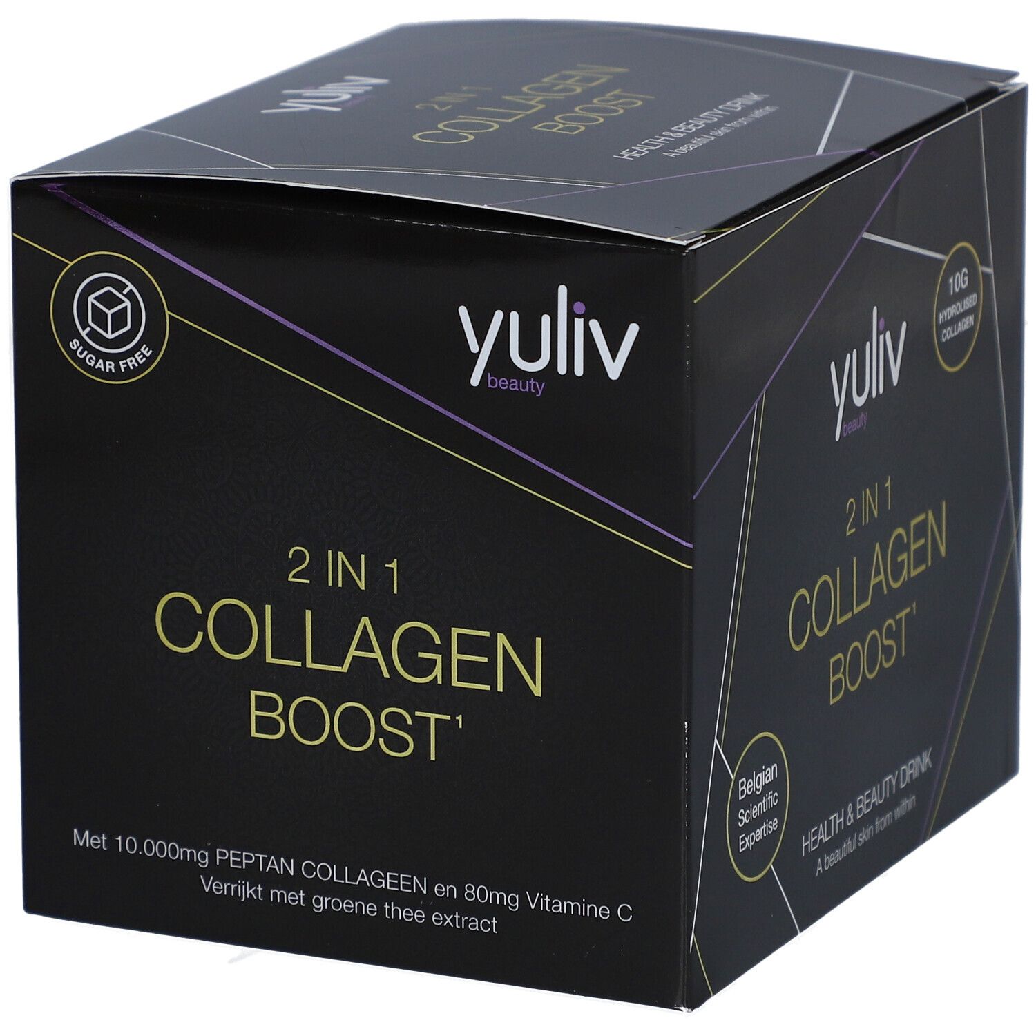 Zwarte Yuliv Collagen Boost verpakking. Opschrift: 2 in 1 Collagen Boost. Bevat 10.000mg Peptan collageen en 80mg vitamine C.