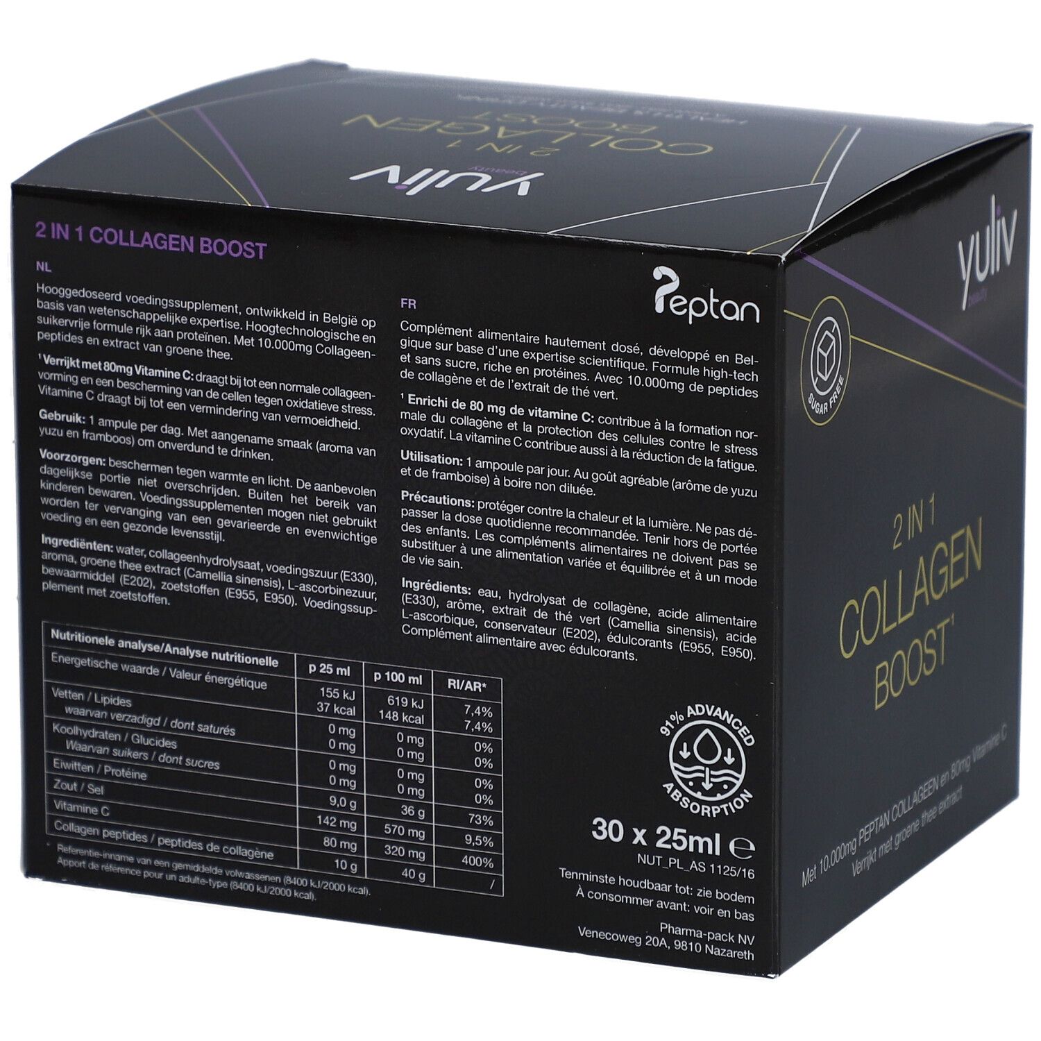 Yuliv Collagen Boost verpakking. Bevat 30 x 25ml. Voedingswaarde informatie. Opschrift: 2 in 1 Collagen Boost.
