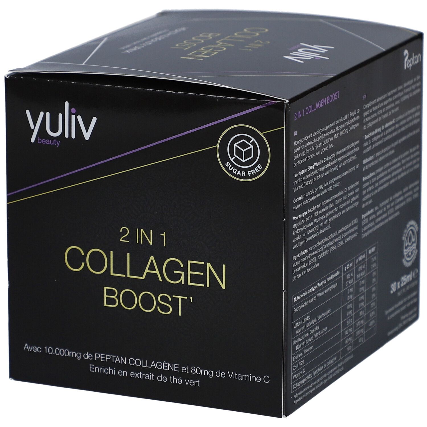Zwarte Yuliv Collagen Boost verpakking. Opschrift: 2 in 1 Collagen Boost. Bevat 10.000mg Peptan collageen en 80mg vitamine C.