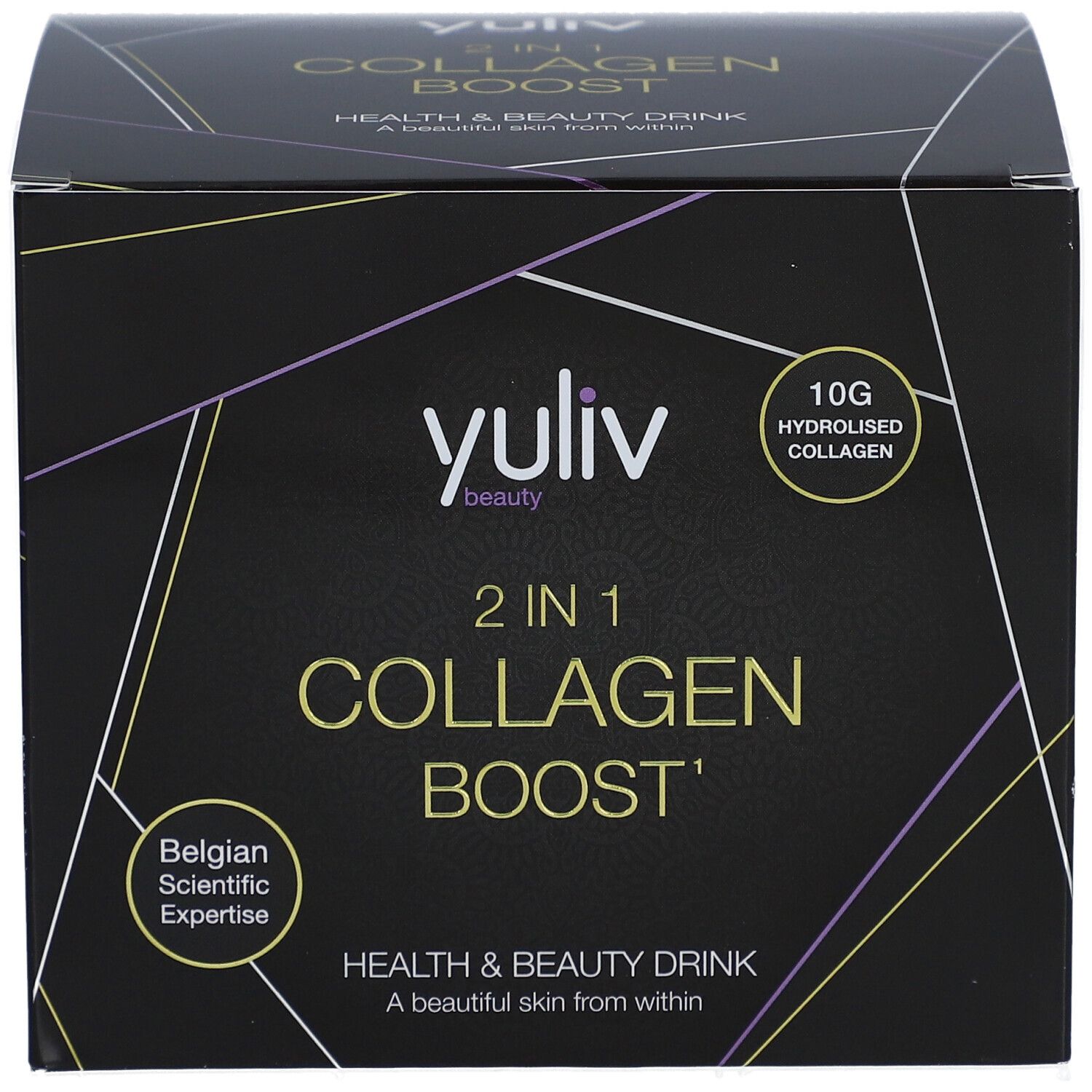 Zwarte Yuliv Collagen Boost verpakking. Opschrift: 2 in 1 Collagen Boost. Bevat 10g gehydrolyseerd collageen.