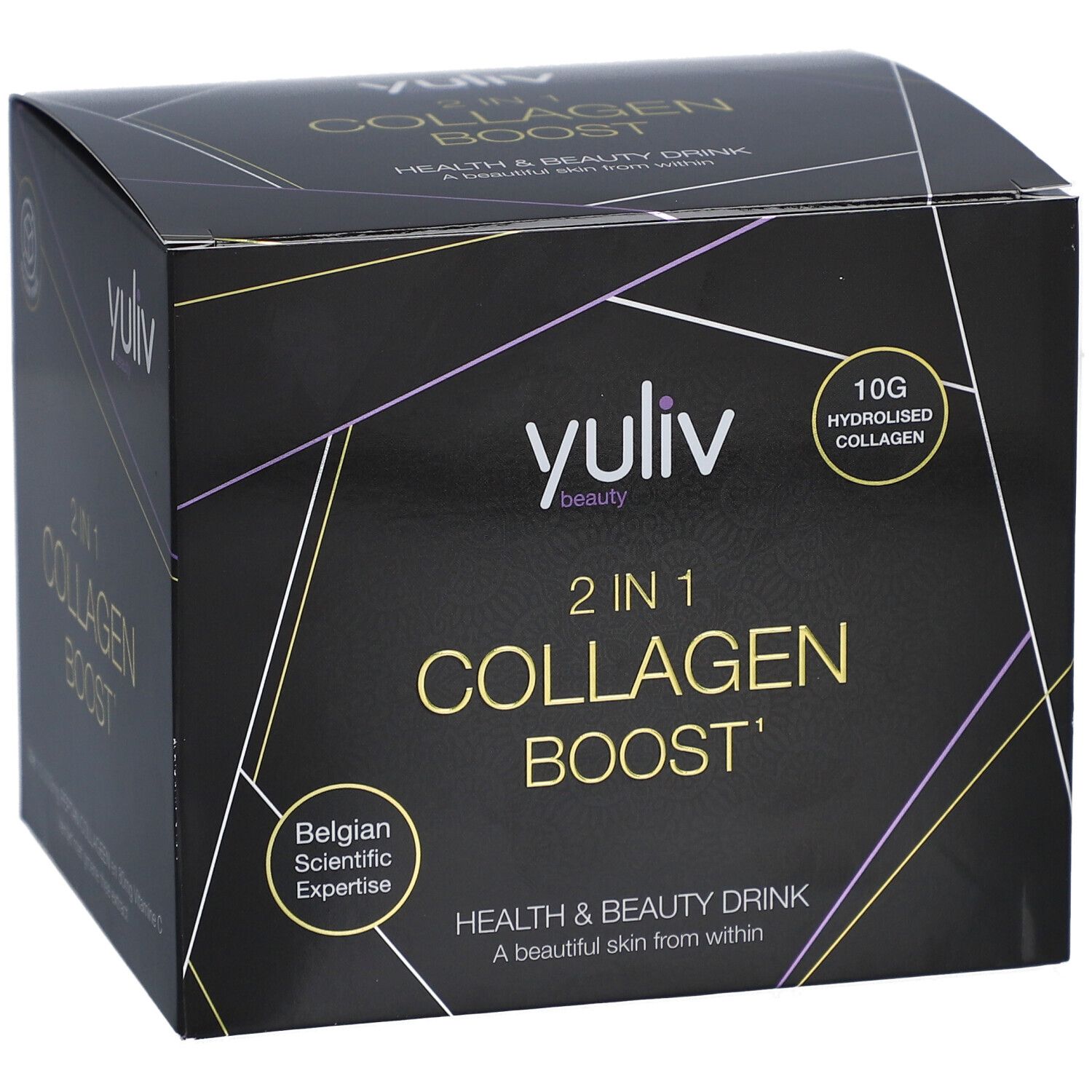Zwarte Yuliv Collagen Boost verpakking. Opschrift: 2 in 1 Collagen Boost. Bevat 10g gehydrolyseerd collageen.