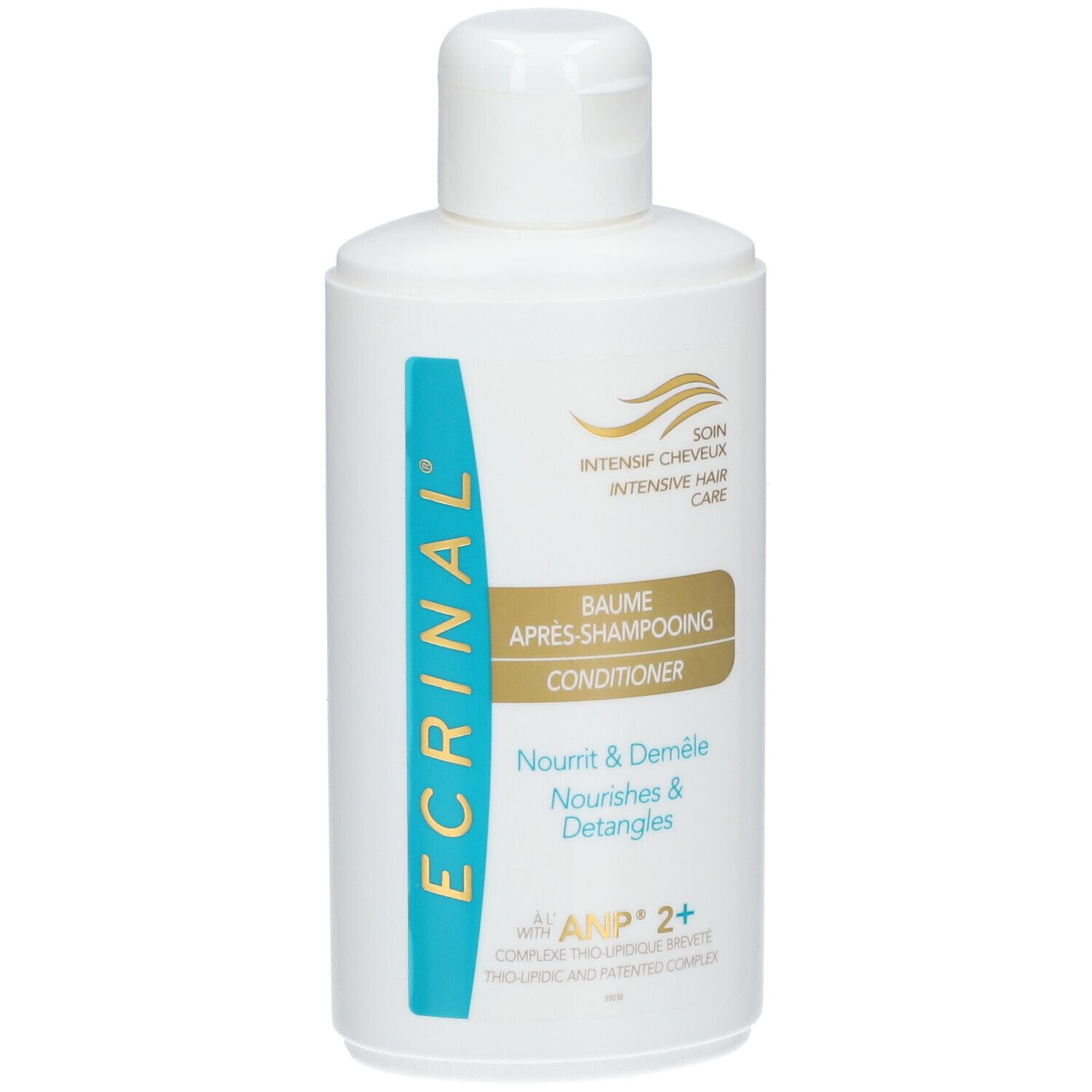 Flacon blanc avec étiquette bleue et dorée. Texte : ECRINAL, Baume Après-Shampooing, Nourrit & Démêle, ANP 2+.