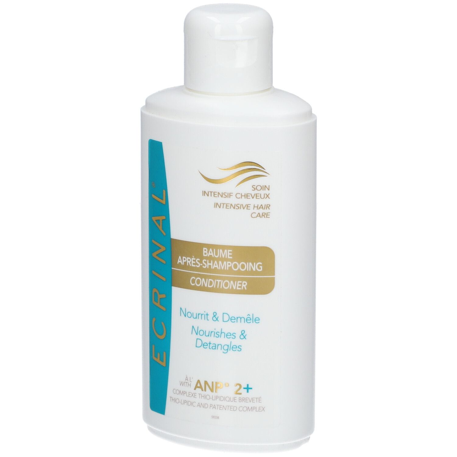 Flacon blanc avec étiquette bleue et dorée. Texte : ECRINAL, Baume Après-Shampooing, Nourrit & Démêle, ANP 2+.