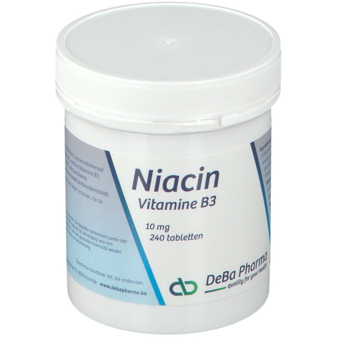 Witte pot met "Niacin Vitamine B3 10 mg 240 tabletten". DeBa Pharma logo.