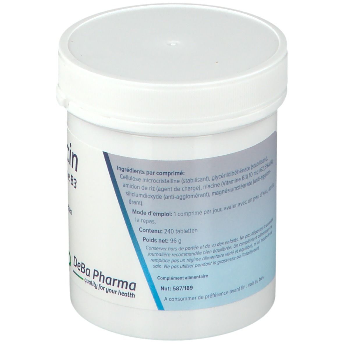 Witte pot met "Niacin Vitamine B3 10 mg 240 tabletten". DeBa Pharma logo.
