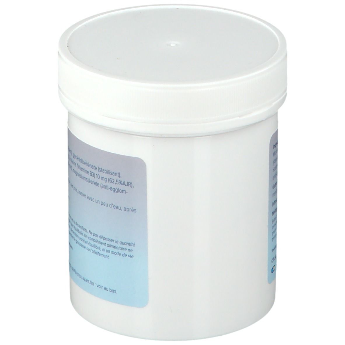 Witte pot met "Niacin Vitamine B3 10 mg 240 tabletten". DeBa Pharma logo.