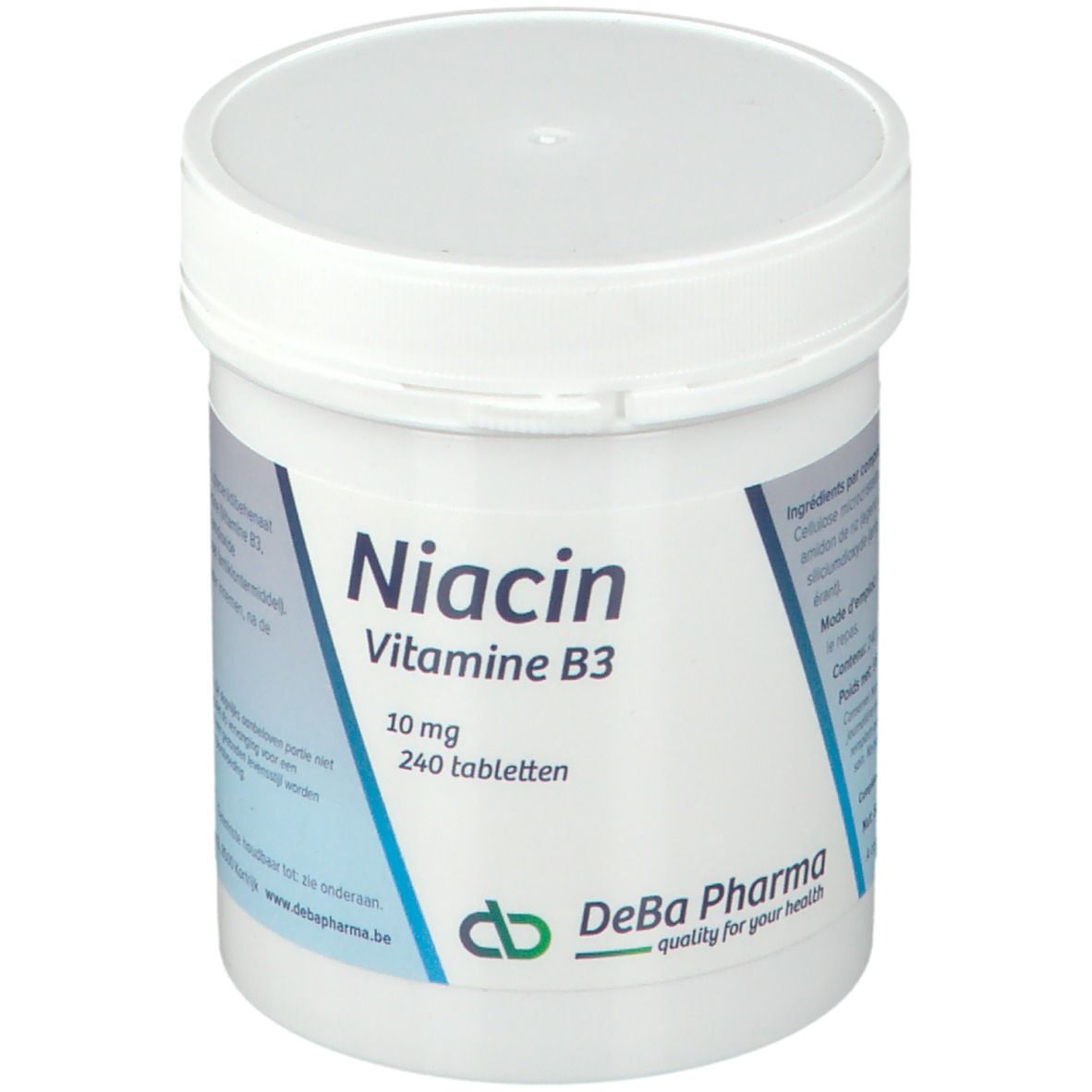 Witte pot met "Niacin Vitamine B3 10 mg 240 tabletten". DeBa Pharma logo.