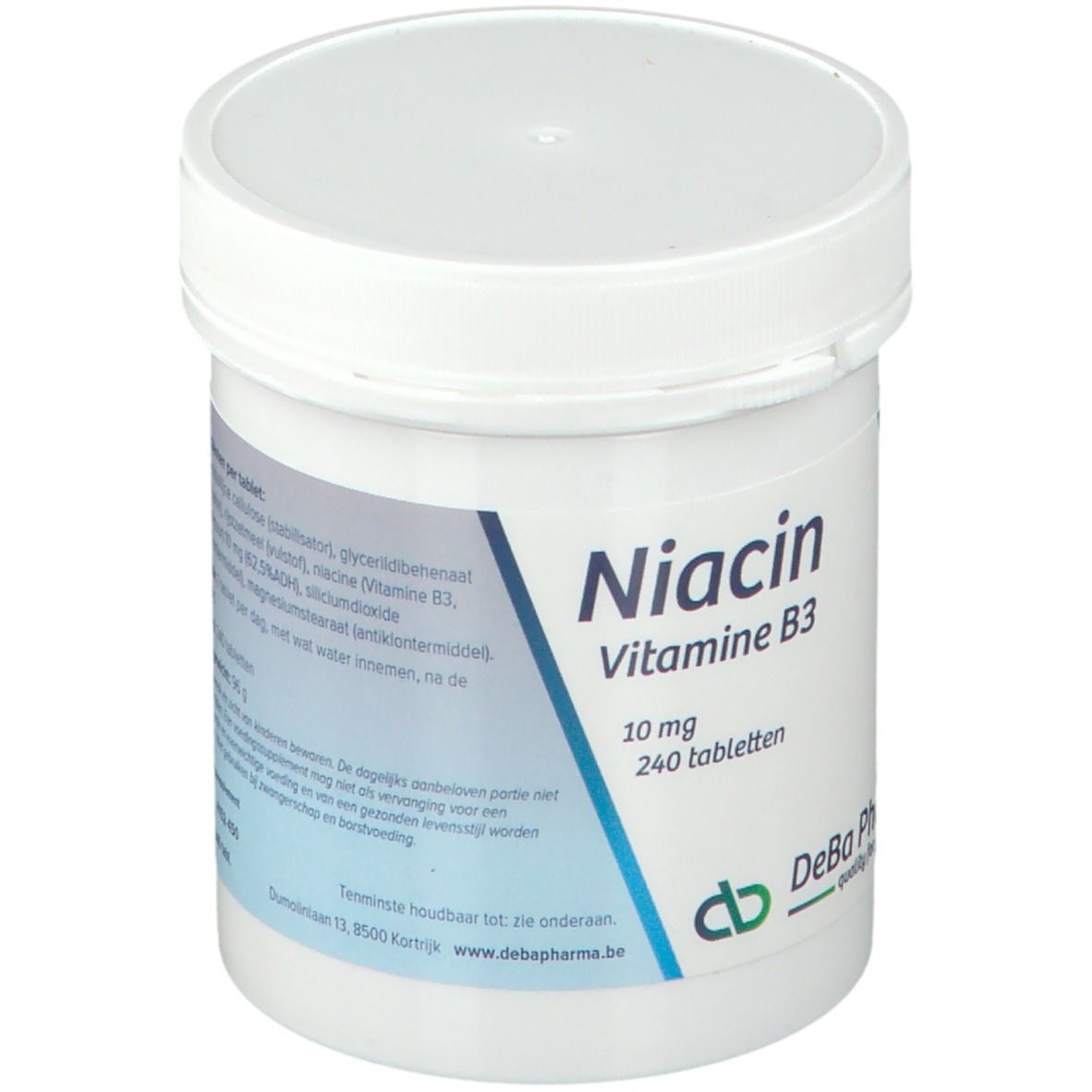 Witte pot met "Niacin Vitamine B3 10 mg 240 tabletten". DeBa Pharma logo.