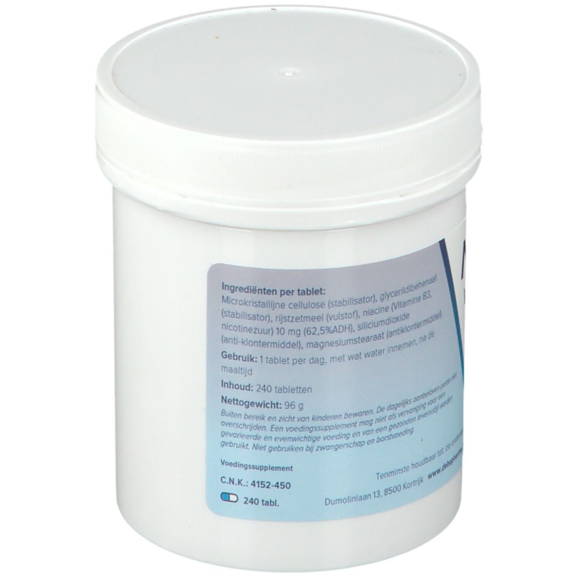 Witte pot met "Niacin Vitamine B3 10 mg 240 tabletten". DeBa Pharma logo.