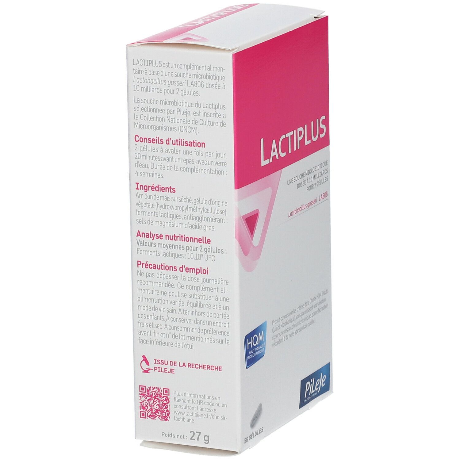 Box "LACTIPLUS" mit Text. Rosa und weiße Box, 27g. Marke Pileje. HGM-Qualitätszeichen.