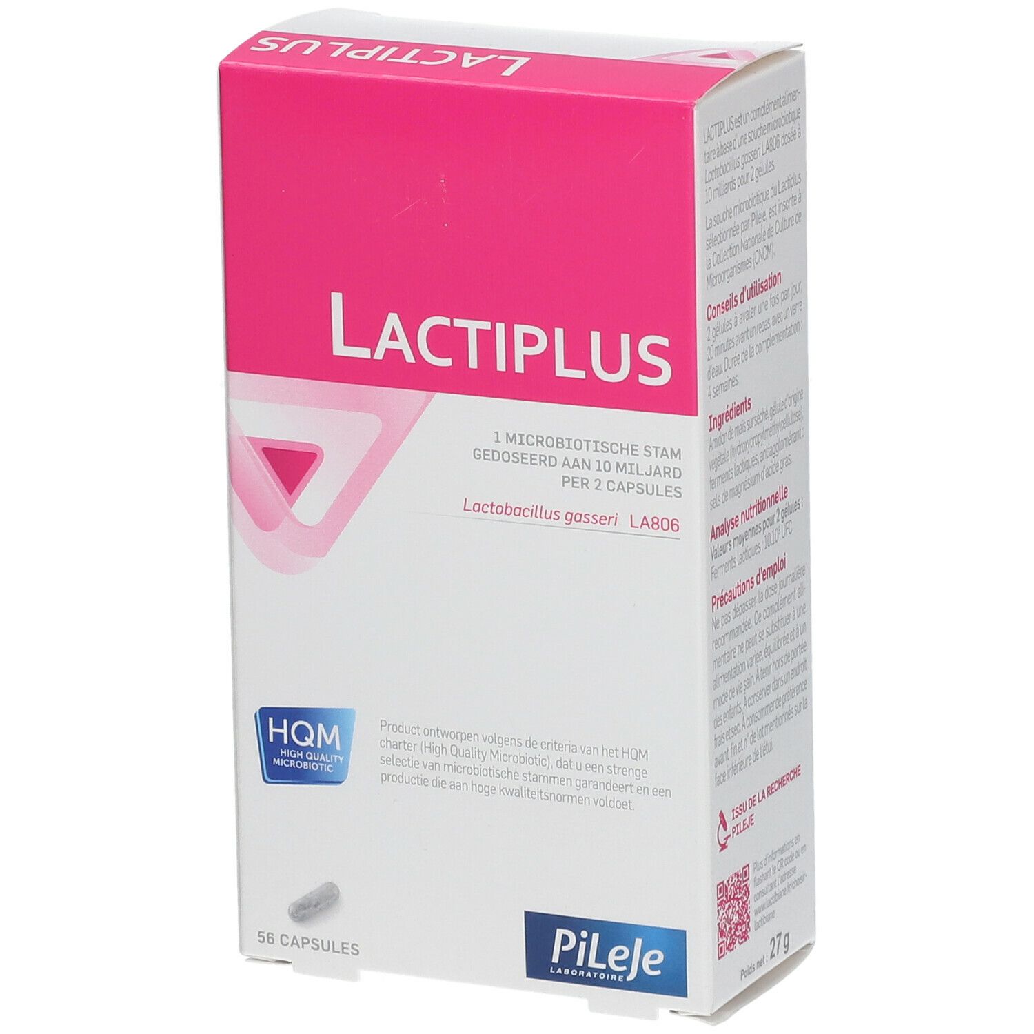 Box "LACTIPLUS" mit Text. Rosa und weiße Box, 56 Kapseln. Marke Pileje. HGM-Qualitätszeichen.