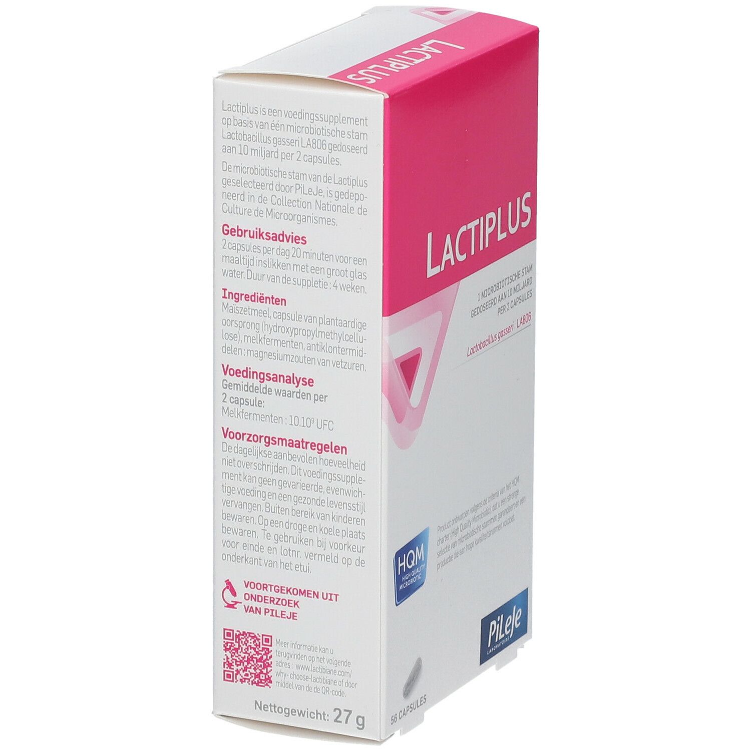 Box "LACTIPLUS" mit Text. Rosa und weiße Box, 27g. Marke Pileje. HGM-Qualitätszeichen.