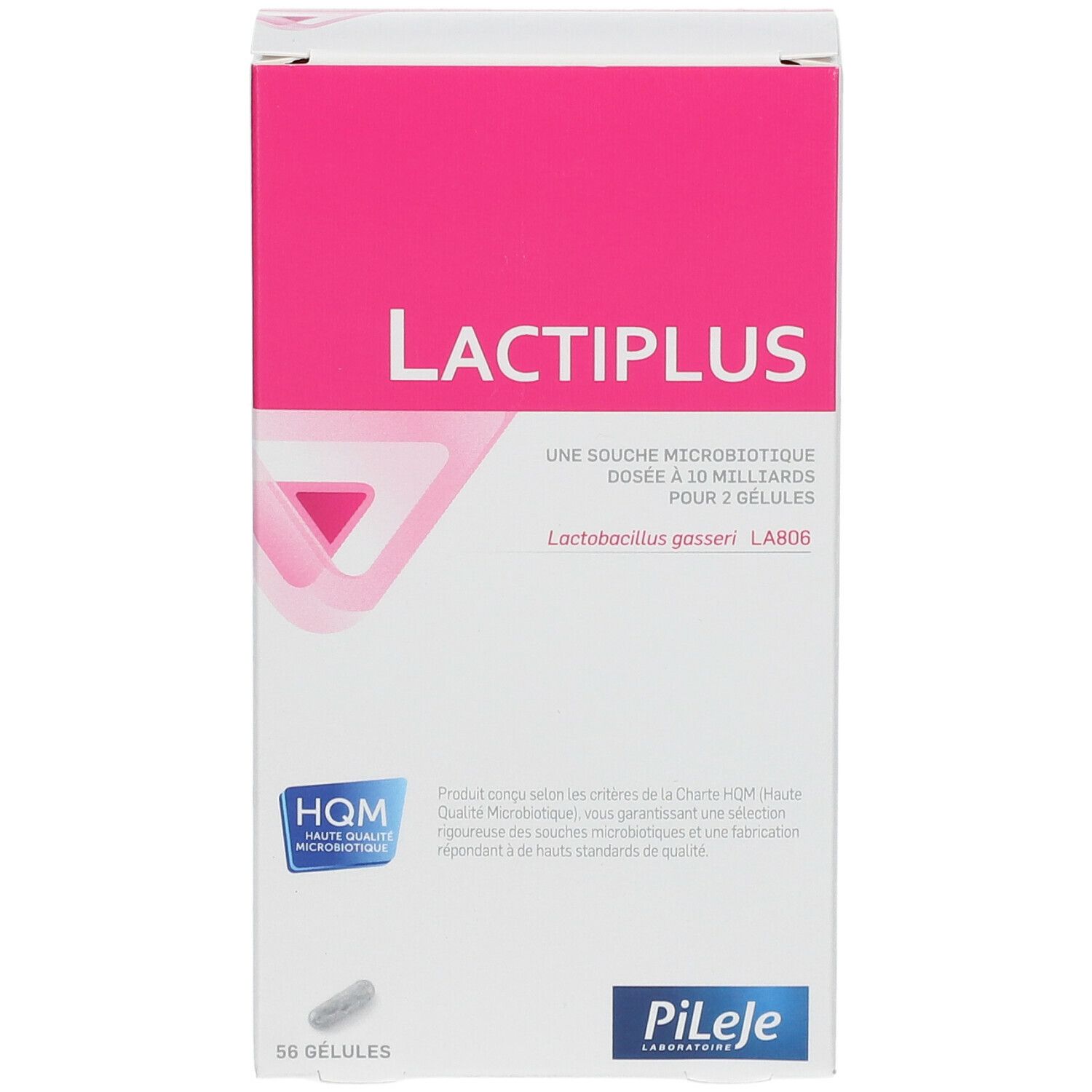 Verpackung mit "LACTIPLUS"-Schriftzug. Rosa und weiße Box mit 56 Kapseln. Marke Pileje.