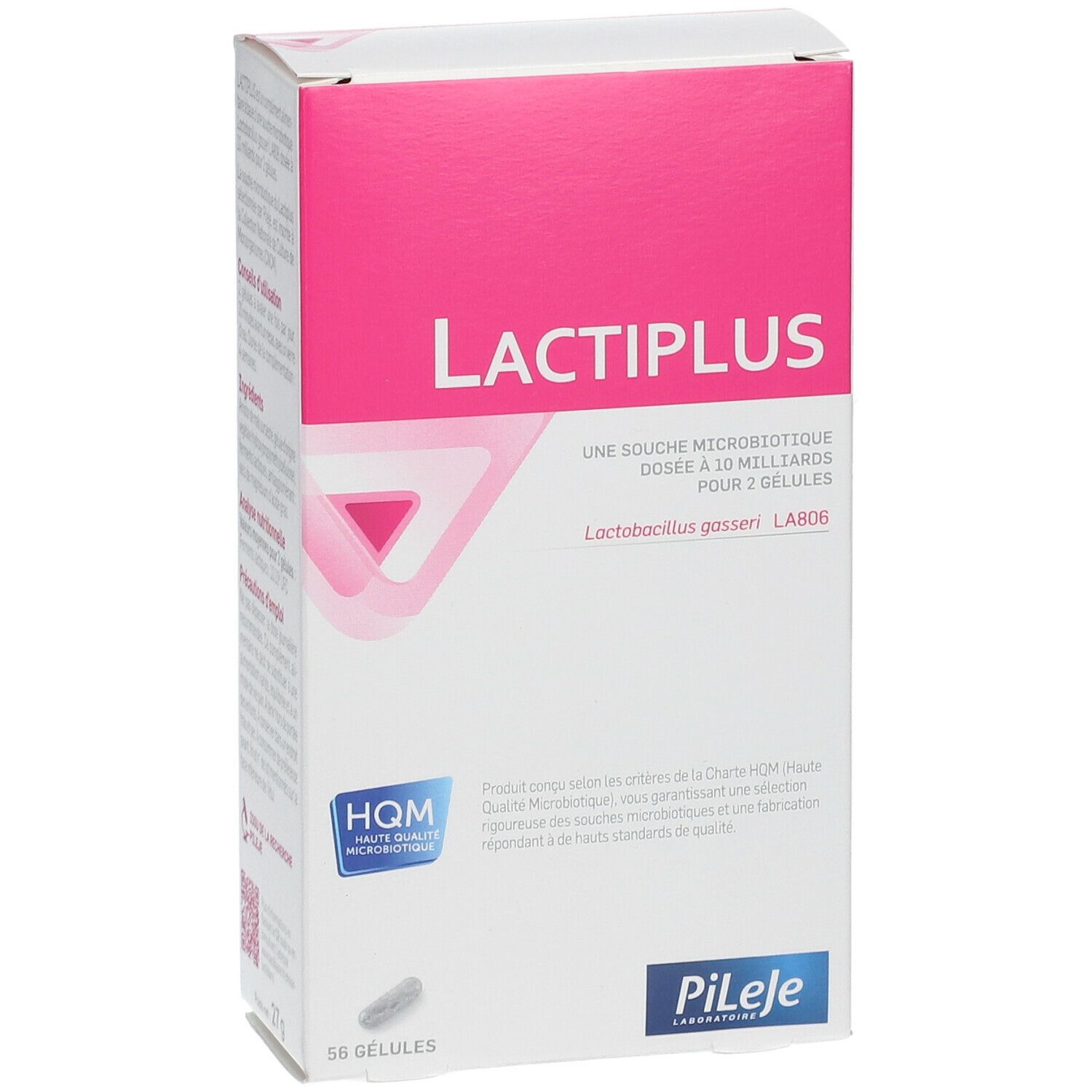 Verpackung mit "LACTIPLUS"-Schriftzug. Rosa und weiße Box mit 56 Kapseln. Marke Pileje.