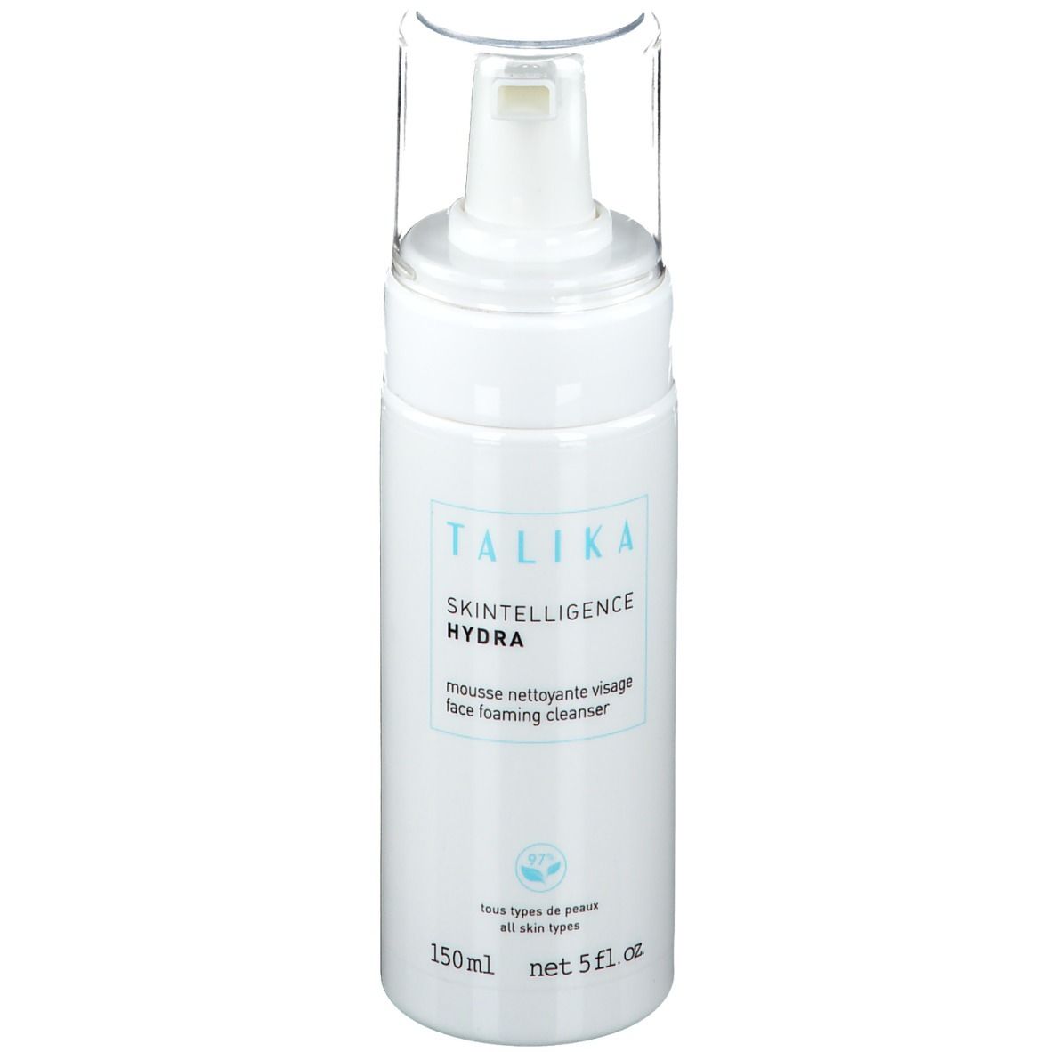 Flacon blanc avec pompe. Inscription : TALIKA Skintelligence Hydra, mousse nettoyante visage. 150ml, 5 fl. oz.