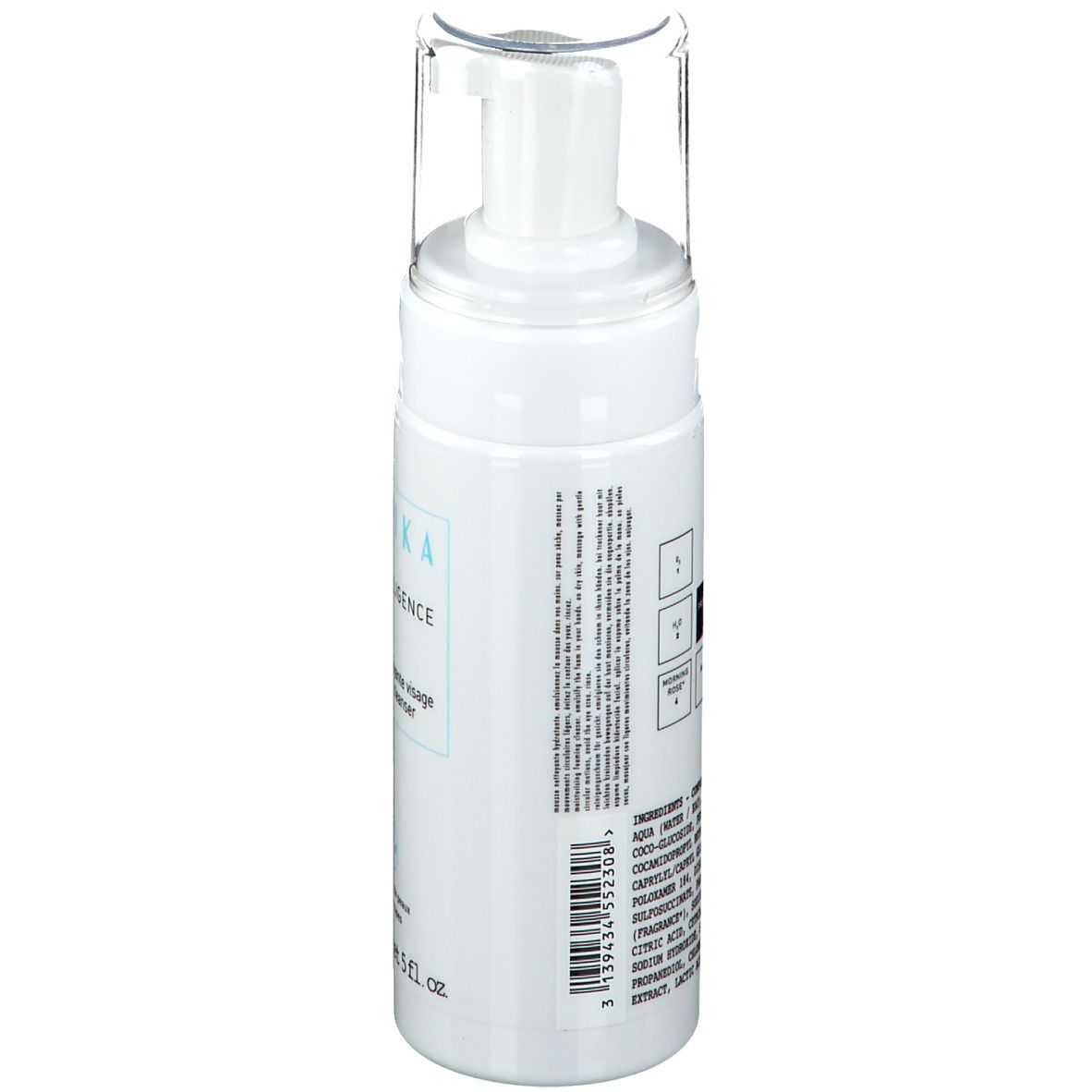 Flacon blanc avec pompe. Inscription : TALIKA Skintelligence Hydra, mousse nettoyante visage. 150ml, 5 fl. oz.